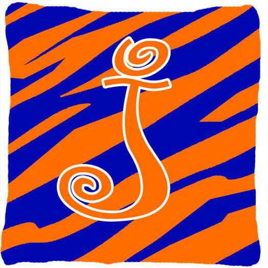 Monogram Initial J Tiger Stripe Blue and Orange Decorative Canvas Fabric Pillow - the-store.com