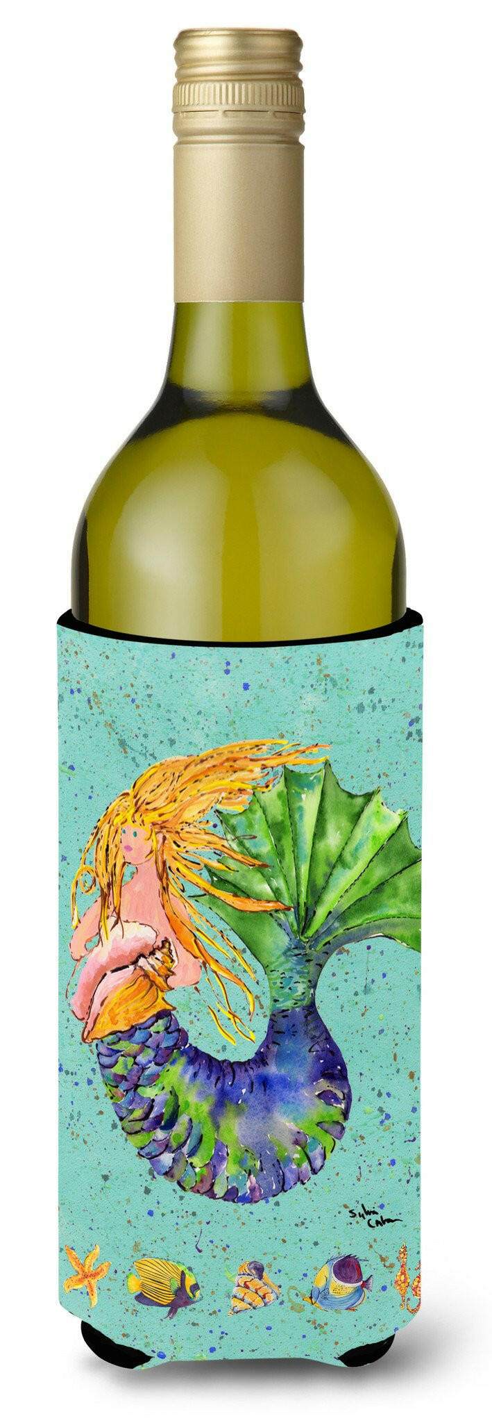 Blonde Mermaid on Teal Wine Bottle Beverage Insulator Beverage Insulator Hugger by Caroline&#39;s Treasures