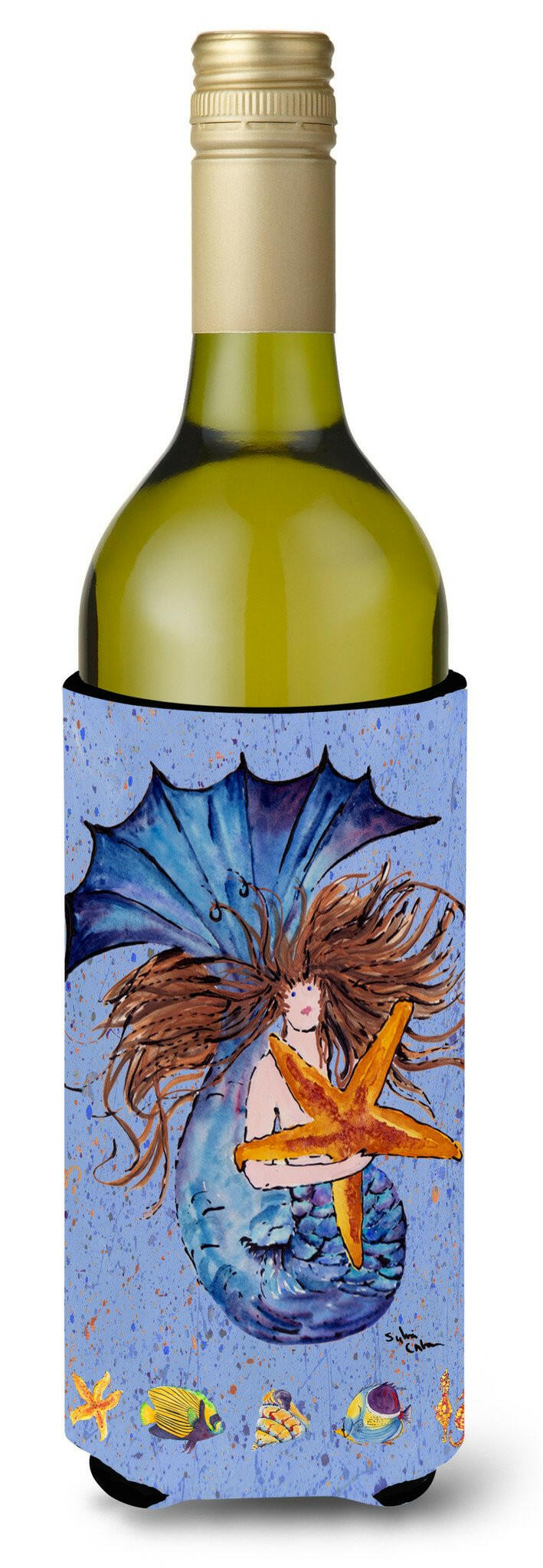 Brown Headed Mermaid on Blue Wine Bottle Beverage Insulator Beverage Insulator Hugger by Caroline&#39;s Treasures