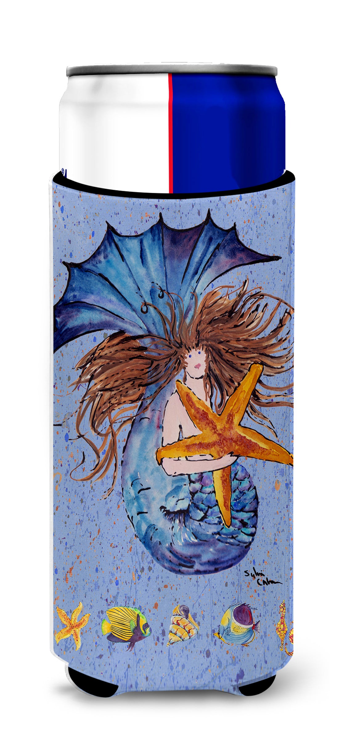 Brown Headed Mermaid on Blue Ultra Beverage Insulators pour canettes minces 8337MUK