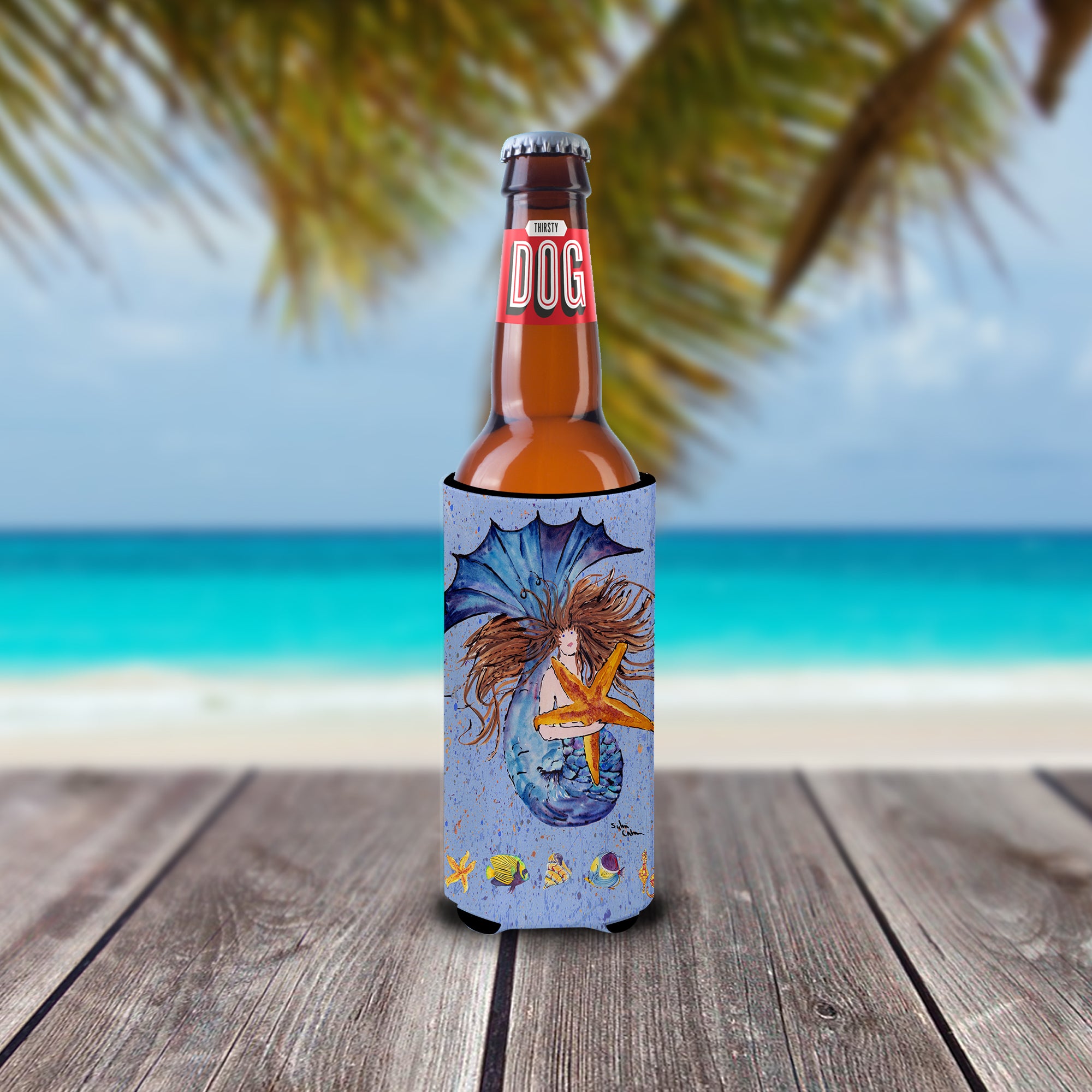 Brown Headed Mermaid on Blue Ultra Beverage Insulators for slim cans 8337MUK.