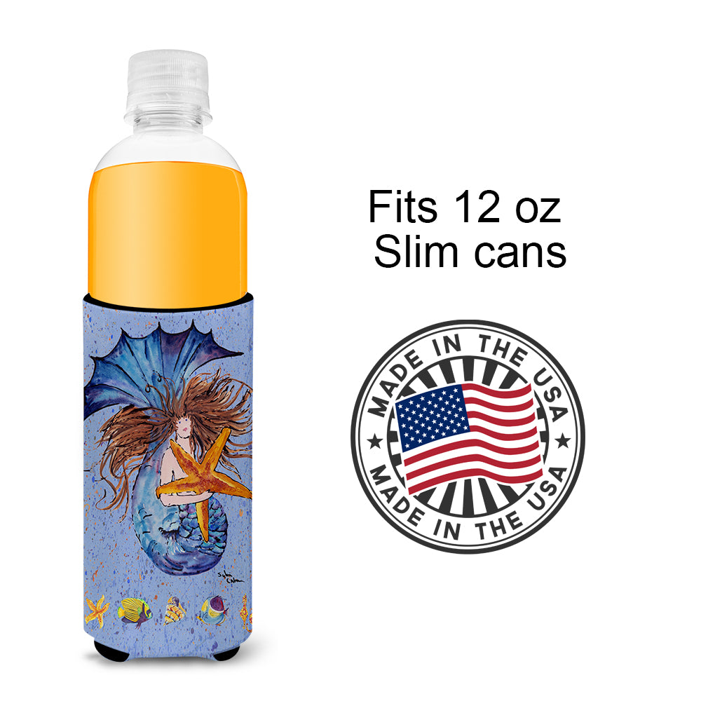 Brown Headed Mermaid on Blue Ultra Beverage Insulators for slim cans 8337MUK.