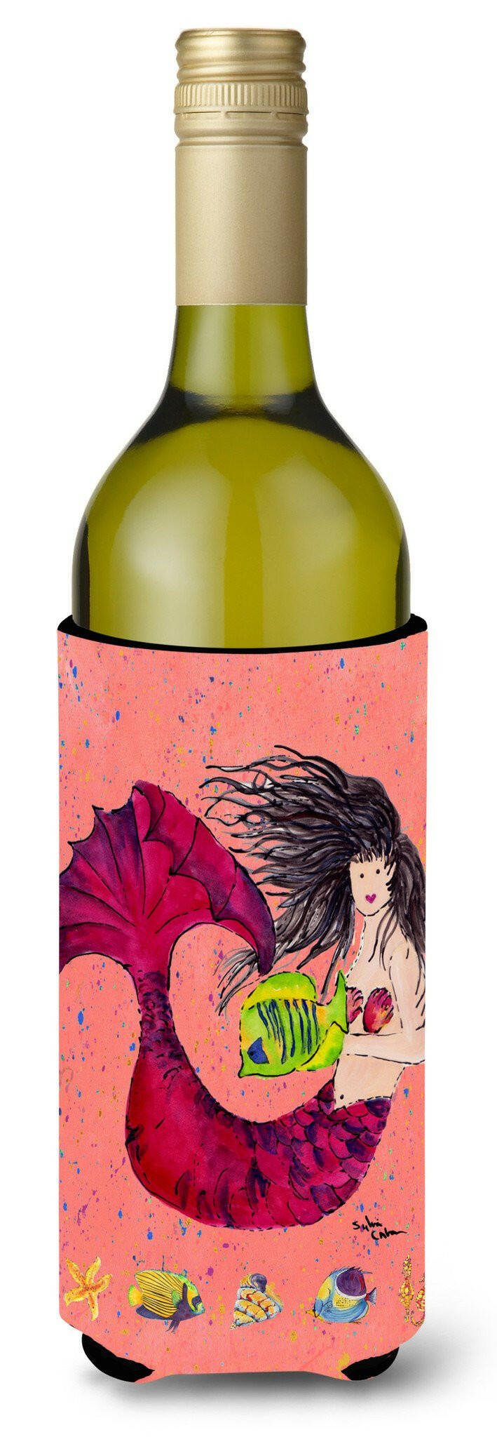 Black haired Mermaid on Red Wine Bottle Beverage Insulator Beverage Insulator Hugger by Caroline&#39;s Treasures