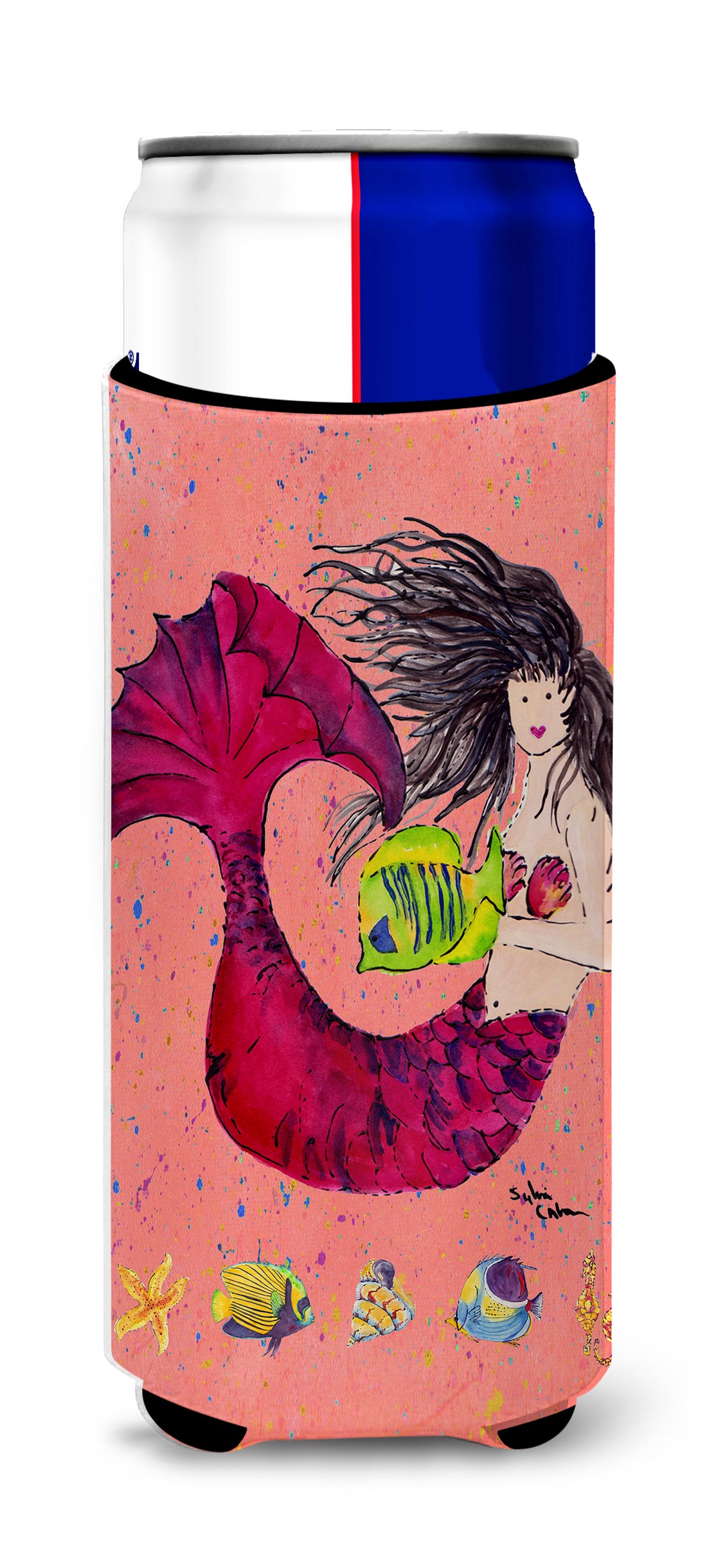 Black haired Mermaid on Red Ultra Beverage Insulators for slim cans 8338MUK.