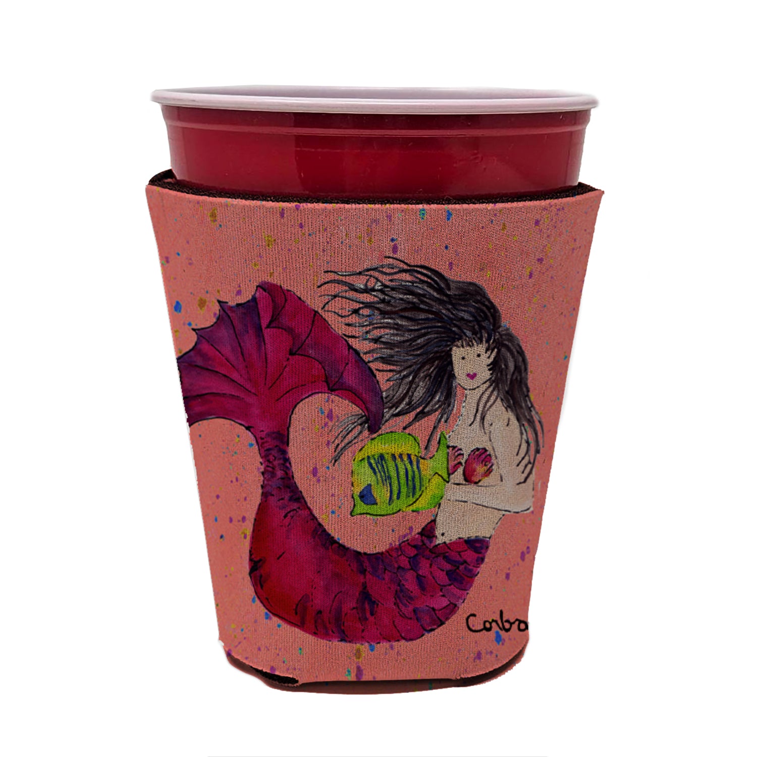 Mermaid Black Hair Mermaid Red Cup Beverage Insulator Hugger