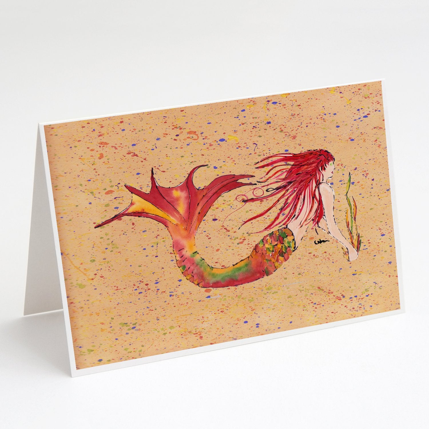 Buy this Red Headed Ginger Mermaid on Coral Greeting Cards and Envelopes Pack of 8