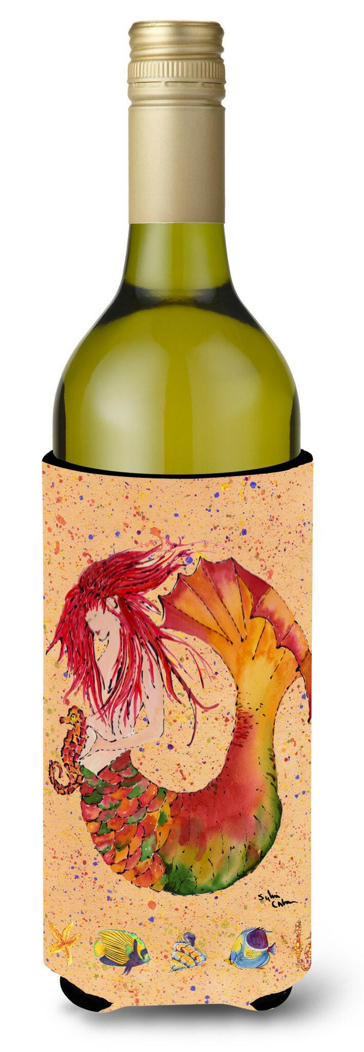 Red Headed Ginger Mermaid on Coral Wine Bottle Beverage Insulator Beverage Insulator Hugger by Caroline&#39;s Treasures