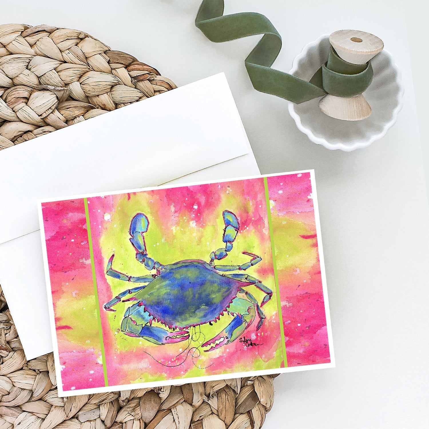 Blue Crab Bright Pink and Green Greeting Cards and Envelopes Pack of 8 - the-store.com