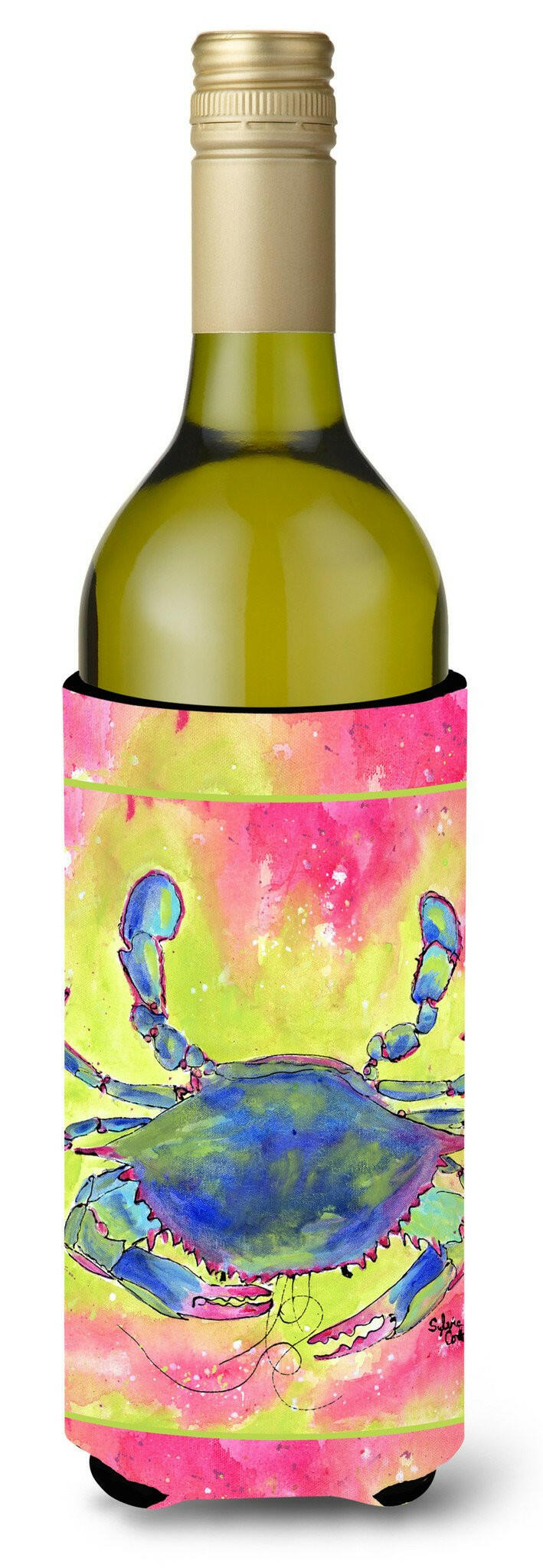 Blue Crab Bright Pink and Green Wine Bottle Beverage Insulator Beverage Insulator Hugger by Caroline&#39;s Treasures