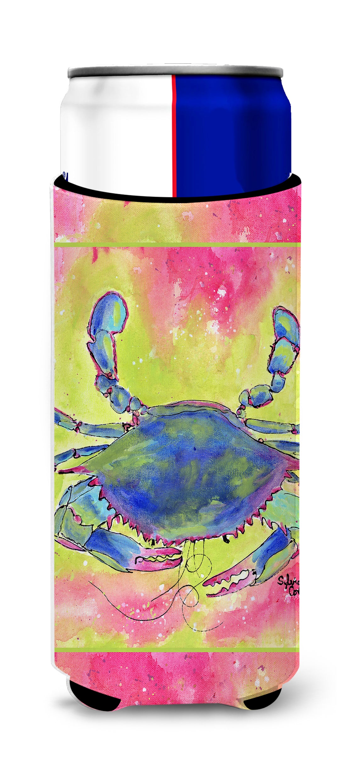 Blue Crab Bright Pink and Green Ultra Beverage Insulators for slim cans 8343MUK