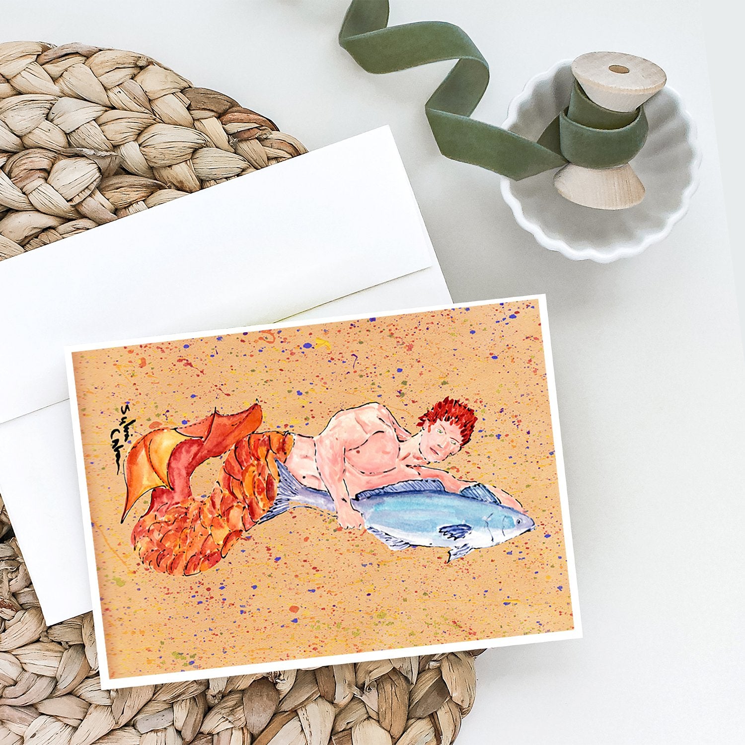 Caroline's Treasures Red Headed Ginger Merman Greeting Cards - Blank Note Cards – 8-Pack of Artist-Designed Cards with Envelopes