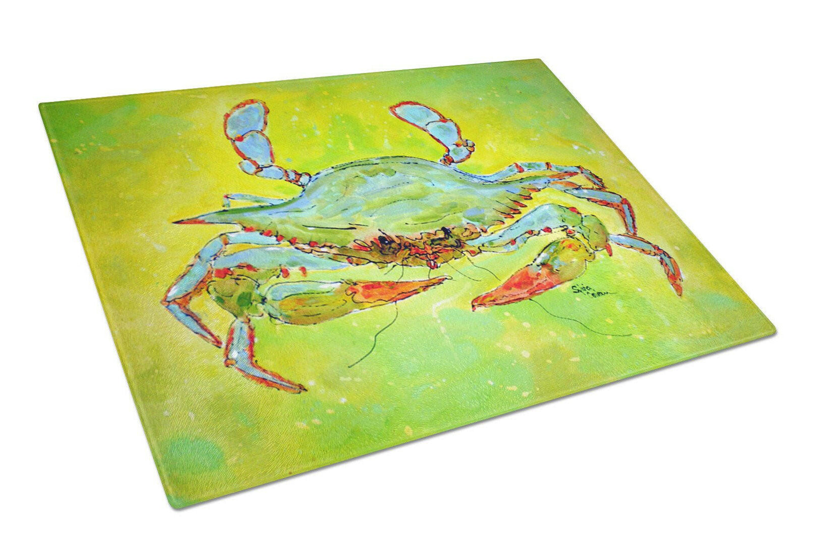 Bright Green Blue Crab Glass Cutting Board Large by Caroline's Treasures