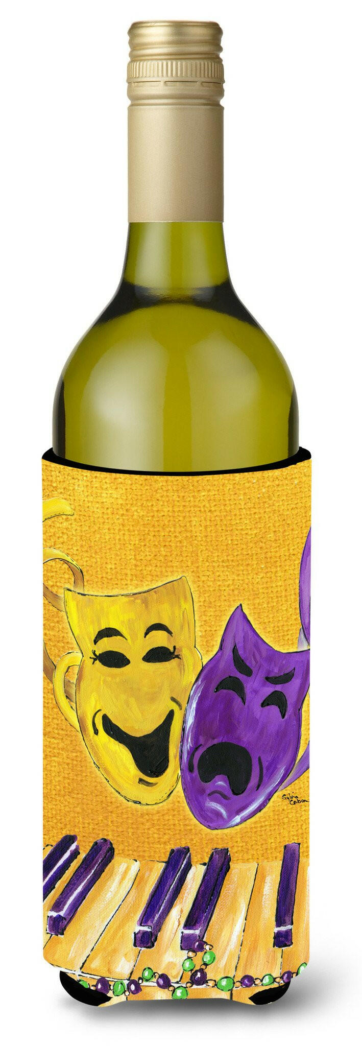 Mardi Gras Piano with Comedy and Tragedy Masks Wine Bottle Beverage Insulator Beverage Insulator Hugger by Caroline&#39;s Treasures