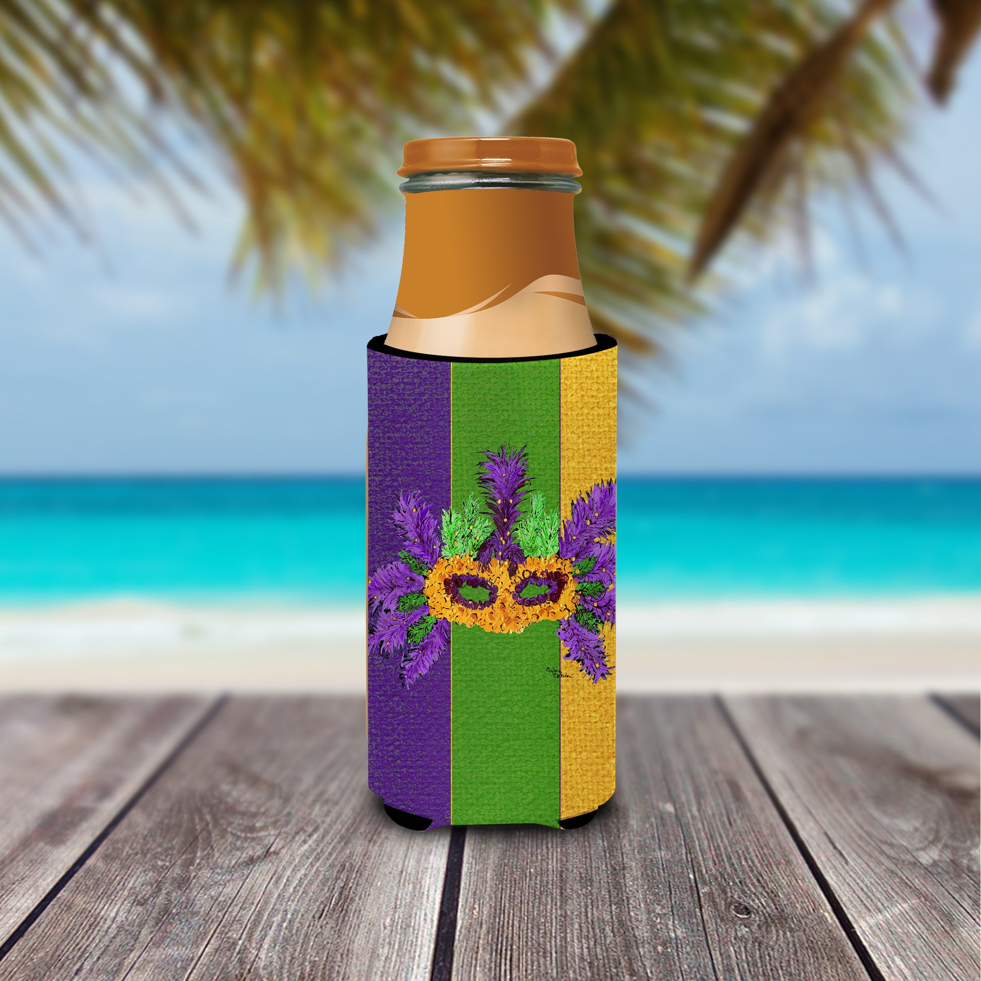 Mardi Gras with Feathers Ultra Beverage Insulators for slim cans 8369MUK.