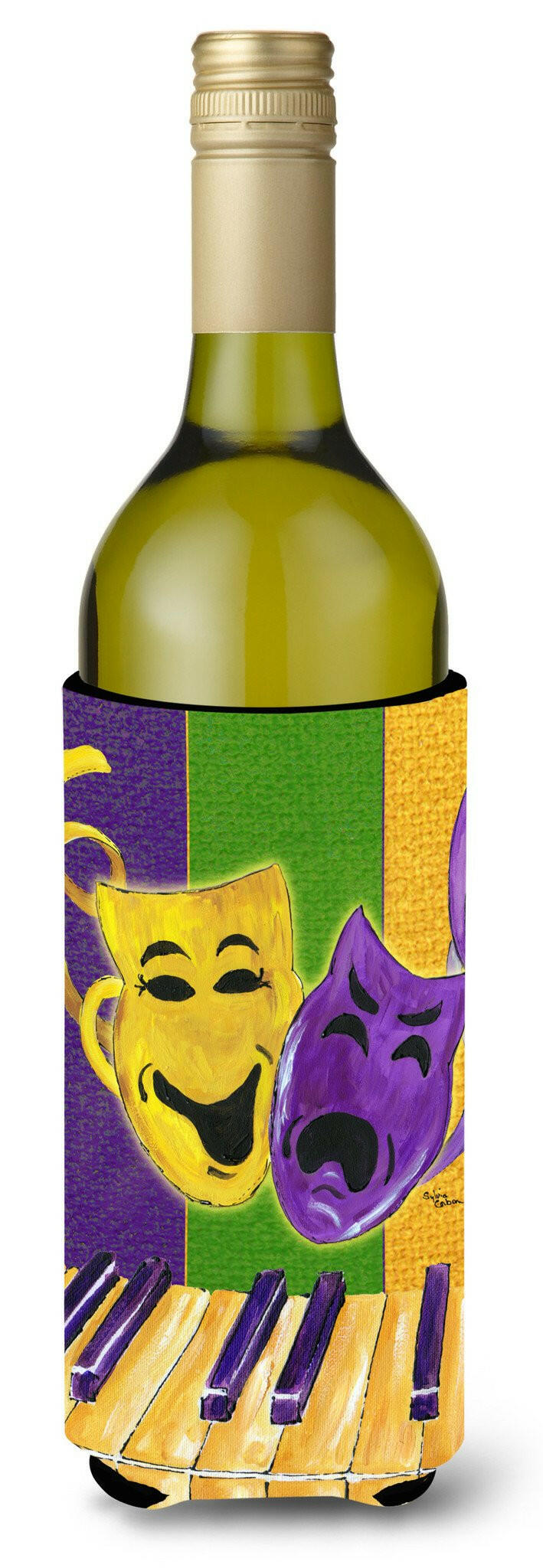 Mardi Gras Piano with Comedy and Tragedy Masks Wine Bottle Beverage Insulator Beverage Insulator Hugger by Caroline's Treasures