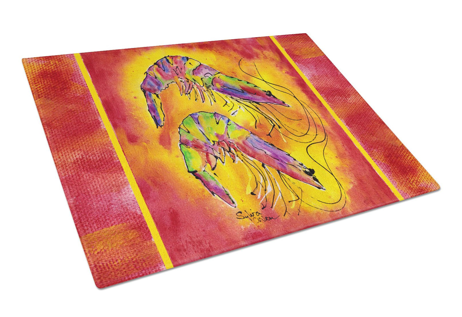 Bright Shrimp on Red Glass Cutting Board Large by Caroline's Treasures