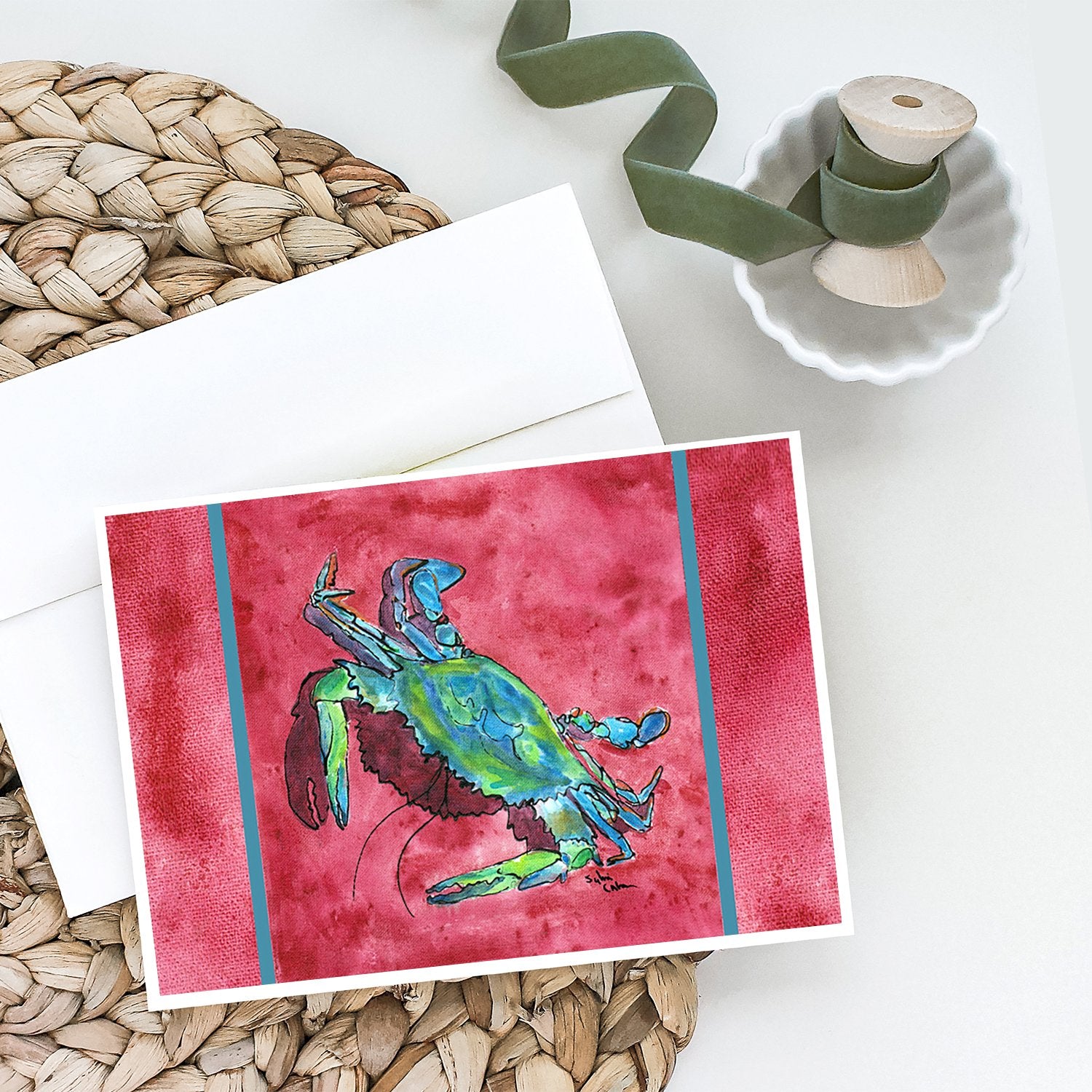 Blue Crab on Red Greeting Cards and Envelopes Pack of 8 - the-store.com