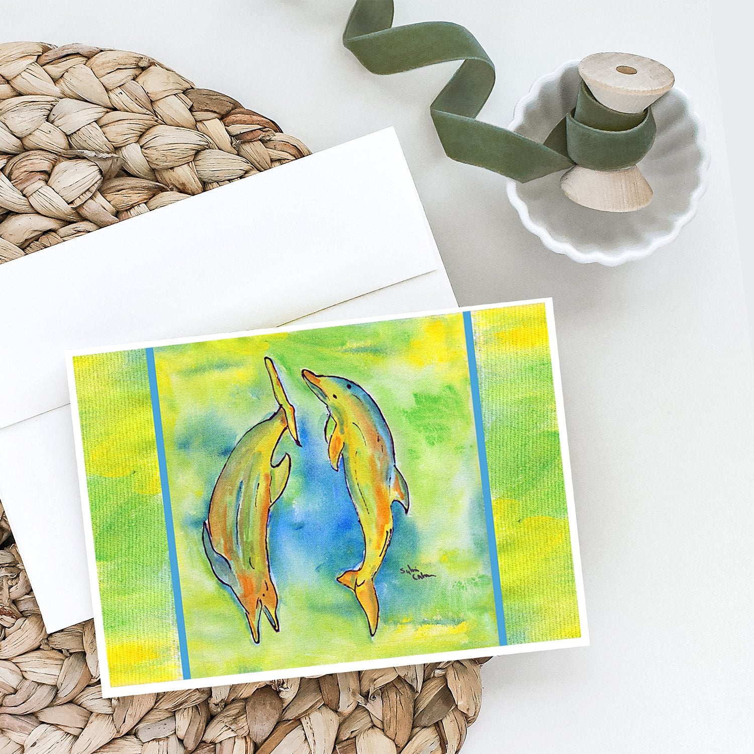 Dolphin on Grfeen Greeting Cards and Envelopes Pack of 8 - the-store.com