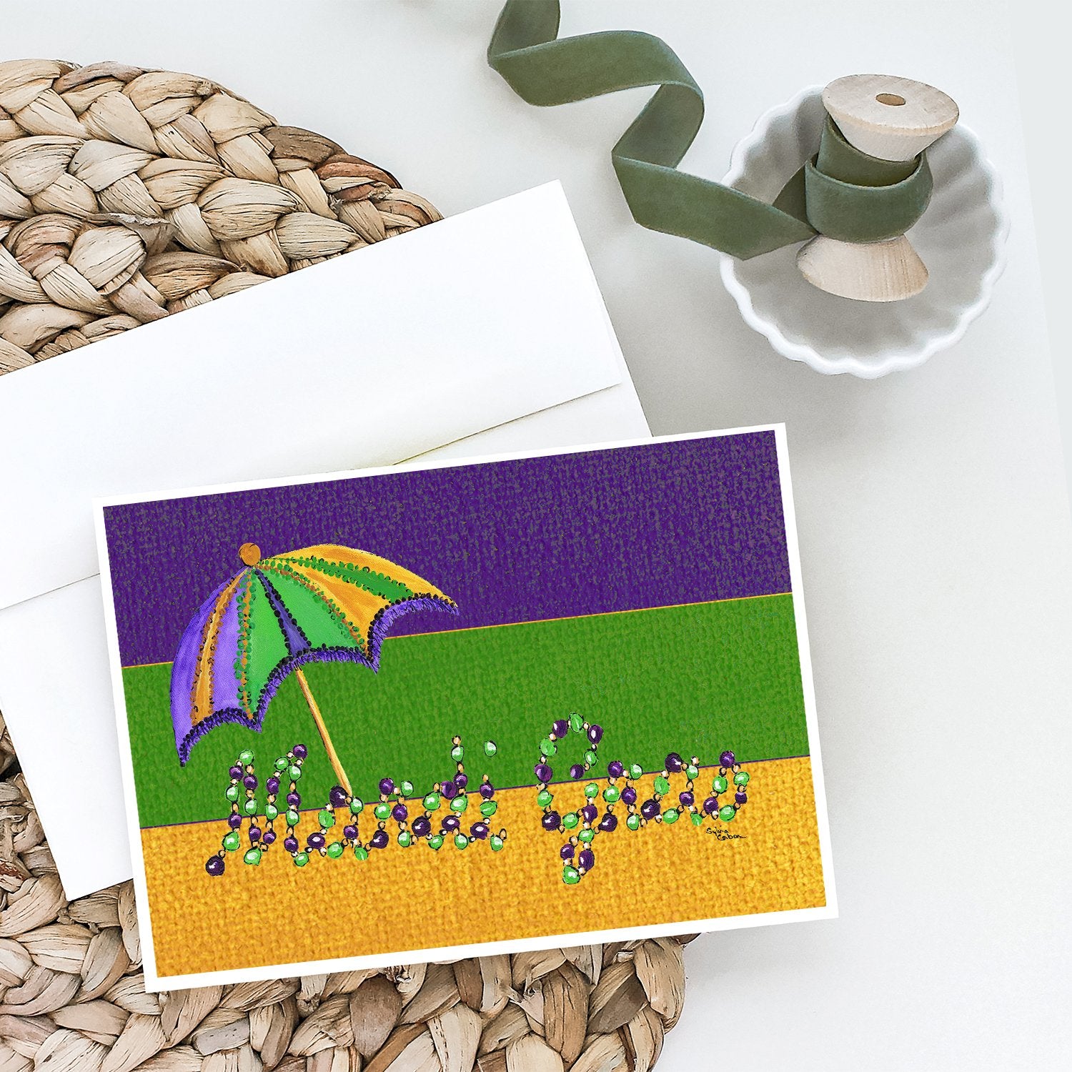 Mardi Gras Beads and Umbrella Greeting Cards and Envelopes Pack of 8 - the-store.com