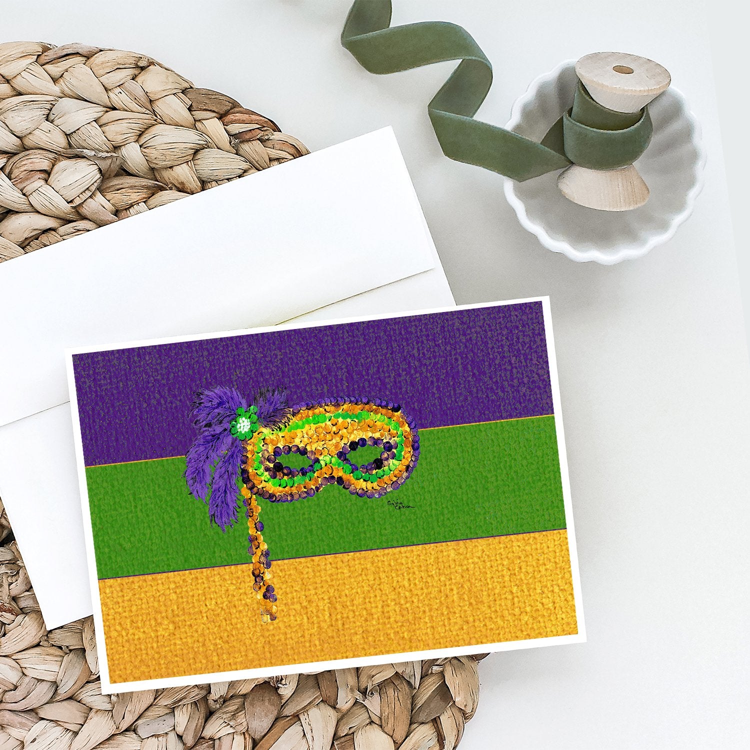 Mardi Gras Mask on Stick Greeting Cards and Envelopes Pack of 8 - the-store.com