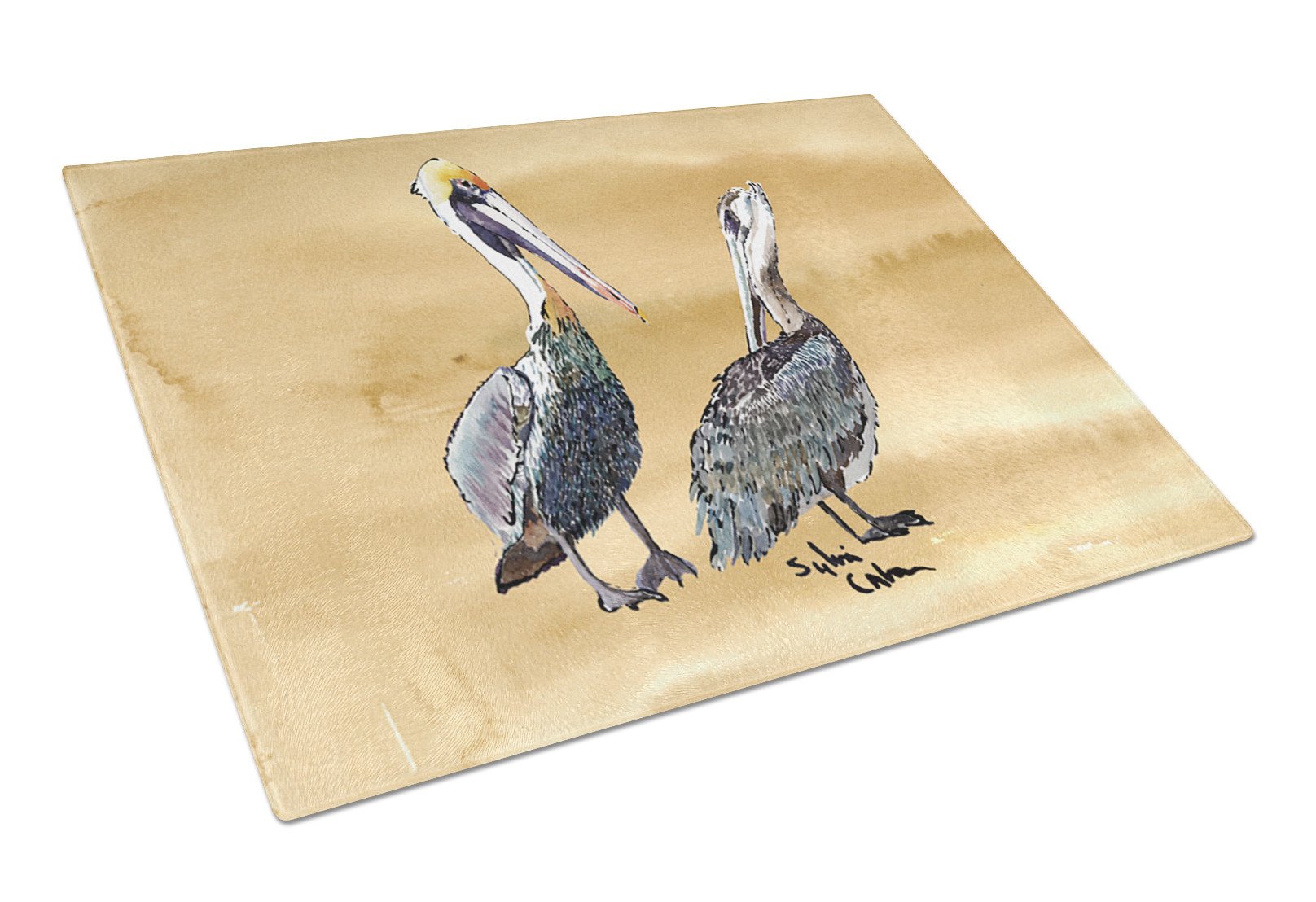 Double Trouble Pelicans on sandy beach  Glass Cutting Board by Caroline's Treasures