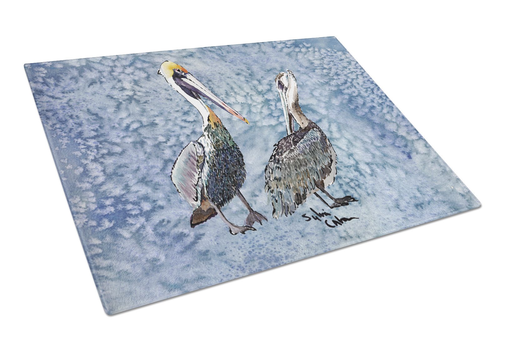 Double Trouble Pelicans on cool blue Glass Cutting Board by Caroline's Treasures
