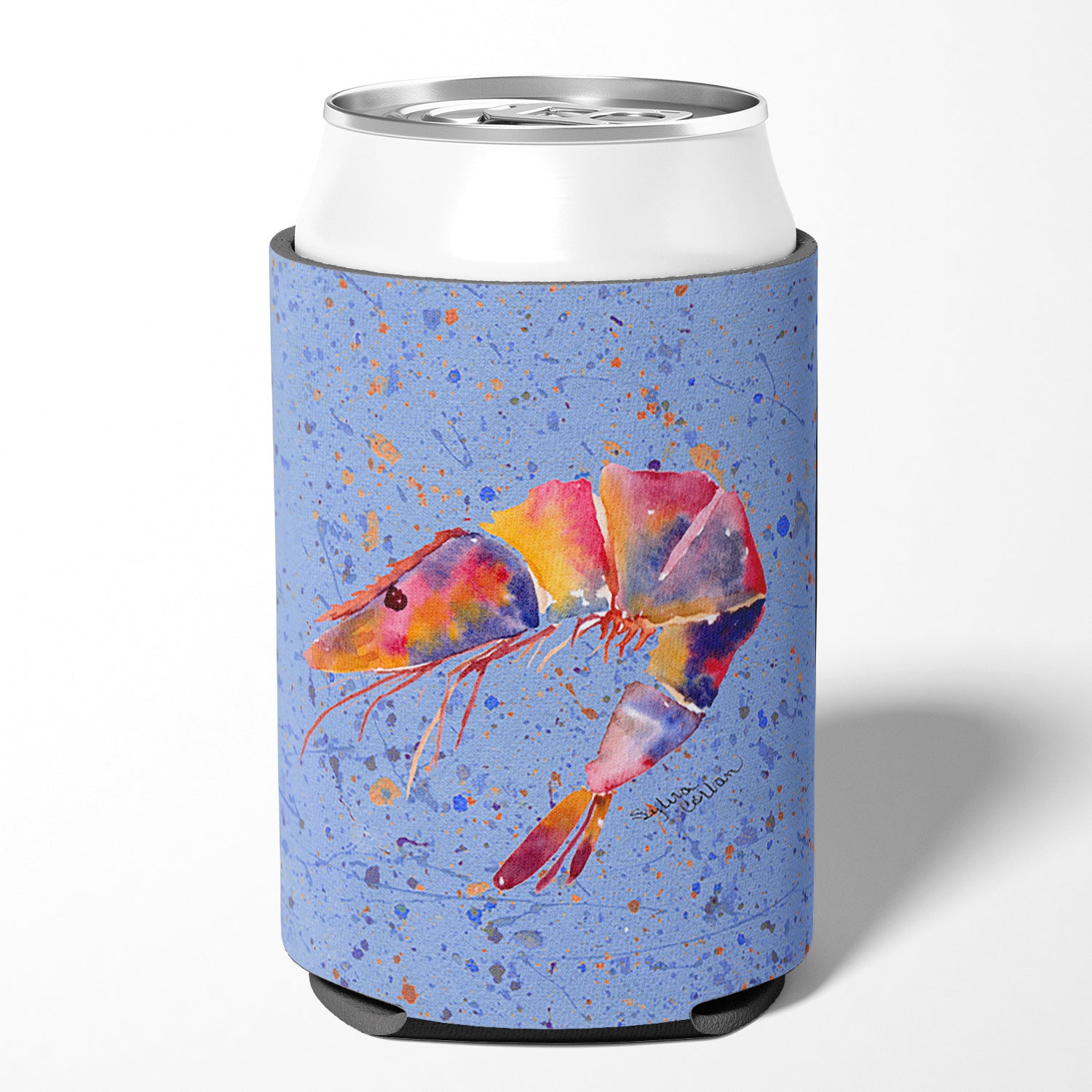 Shrimp on blue Can or Bottle Beverage Insulator Hugger.