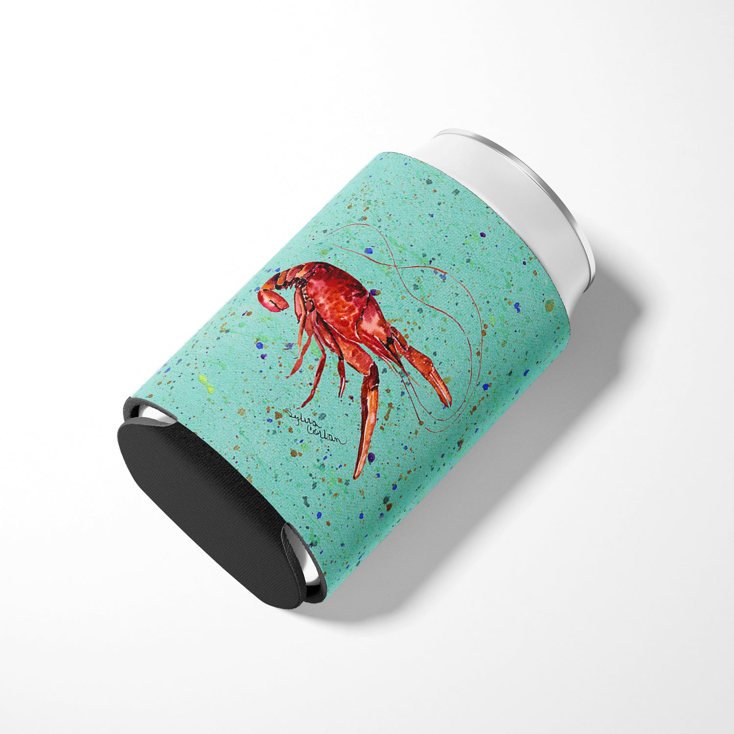 Crawfish  on Teal Can or Bottle Beverage Insulator Hugger.