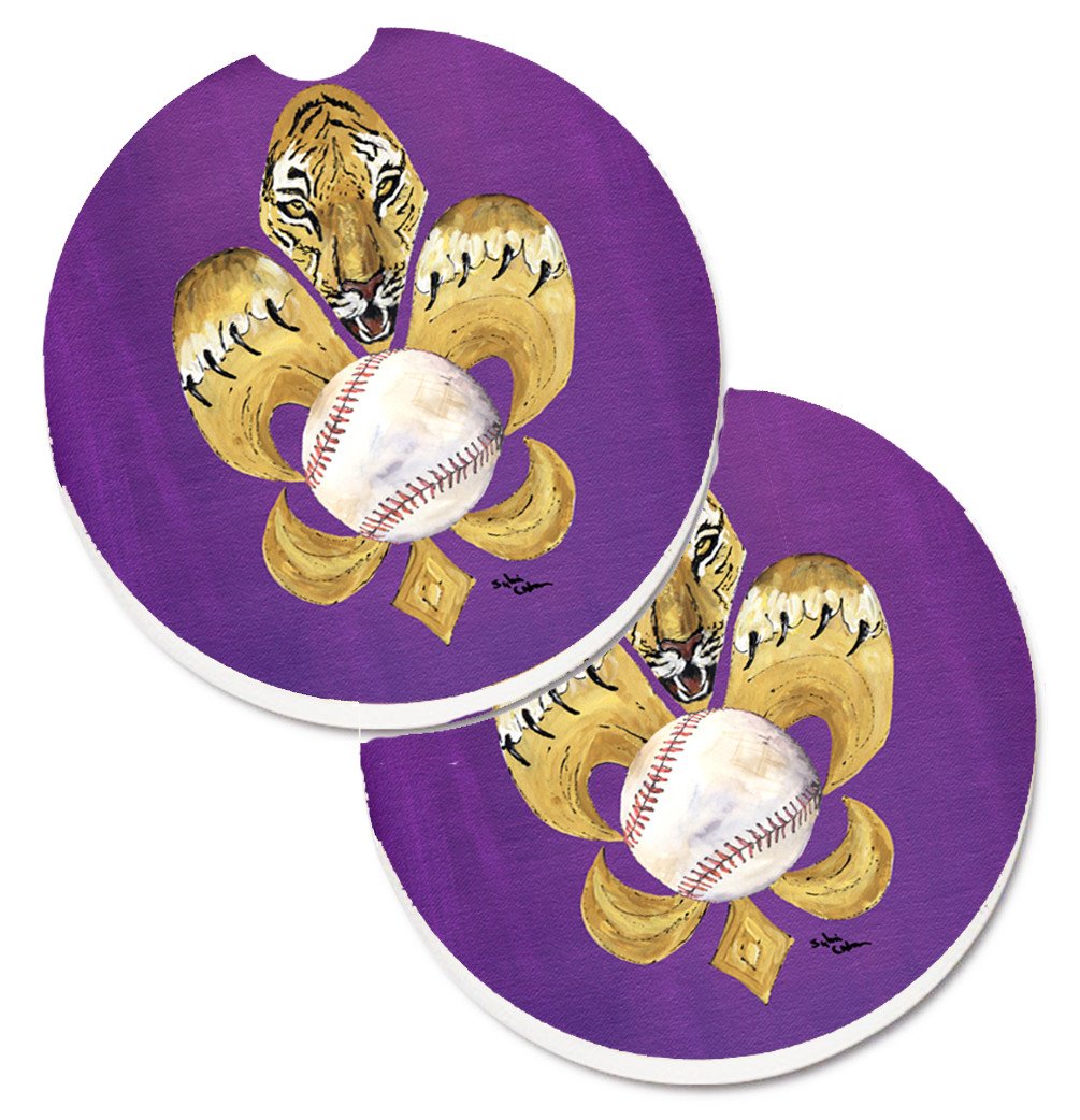 Tiger Fleur de lis Baseball Set of 2 Cup Holder Car Coasters 8476CARC by Caroline&#39;s Treasures