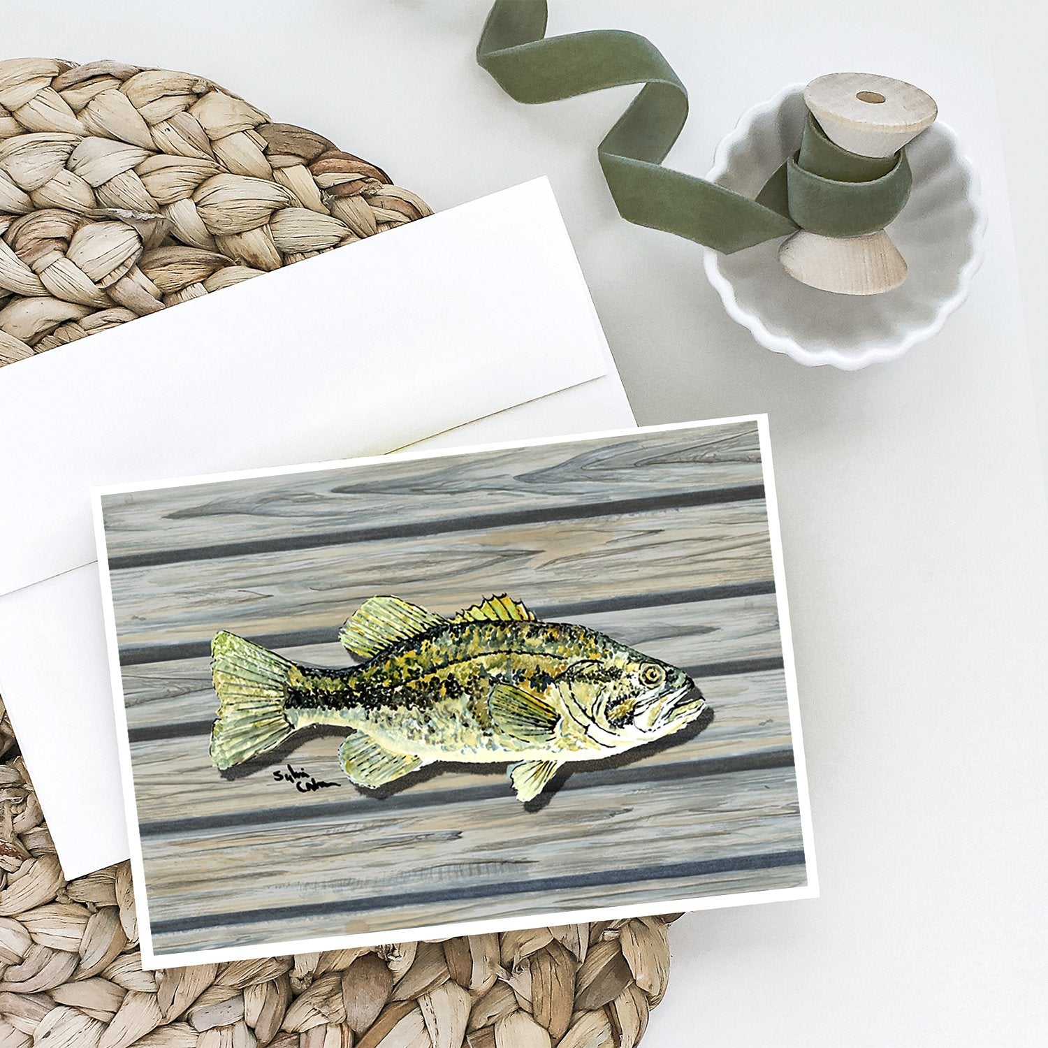 Small mouth Bass Fish on Pier Greeting Cards and Envelopes Pack of 8 - the-store.com
