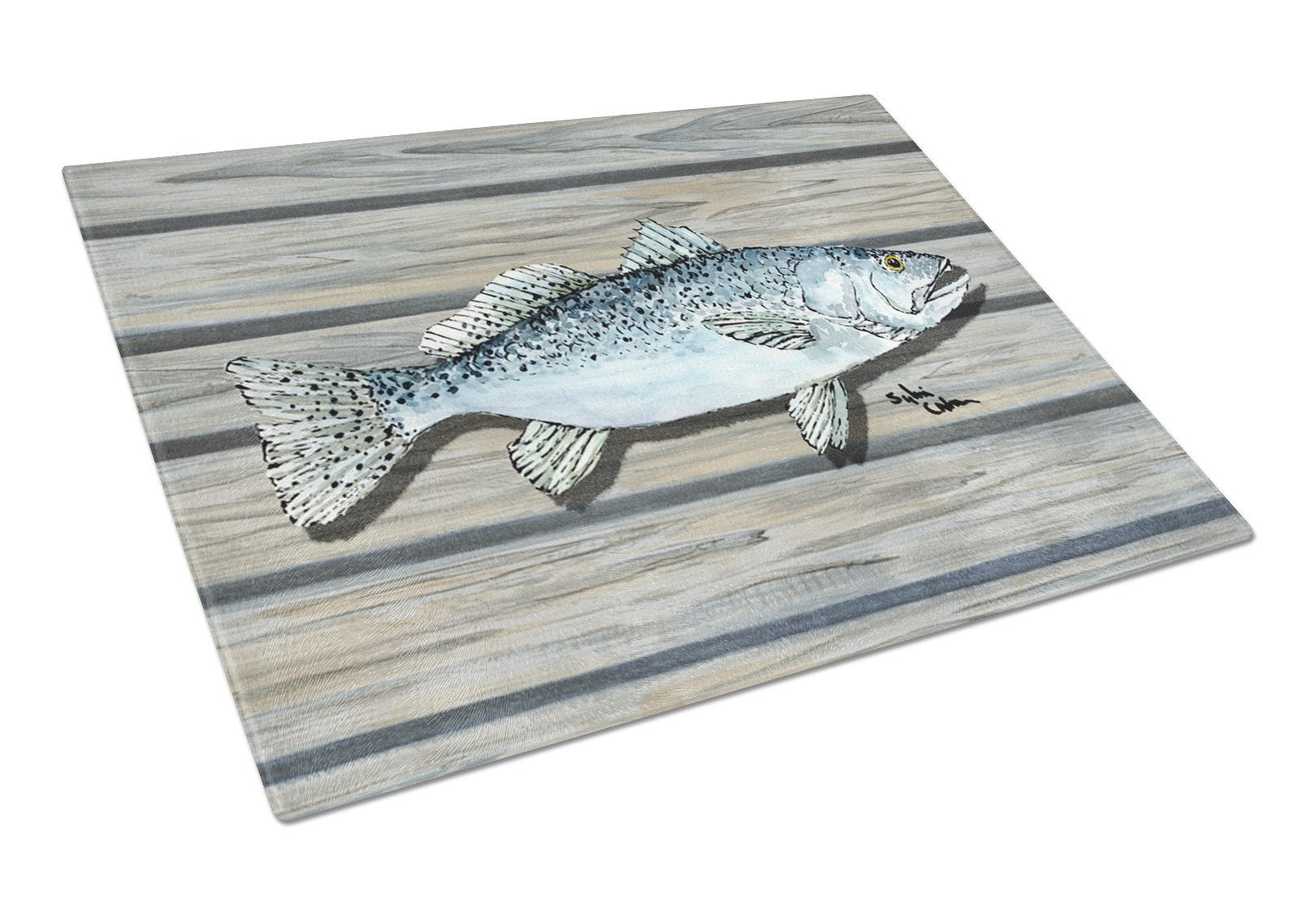 Speckled Trout on the wharf Glass Cutting Board by Caroline's Treasures