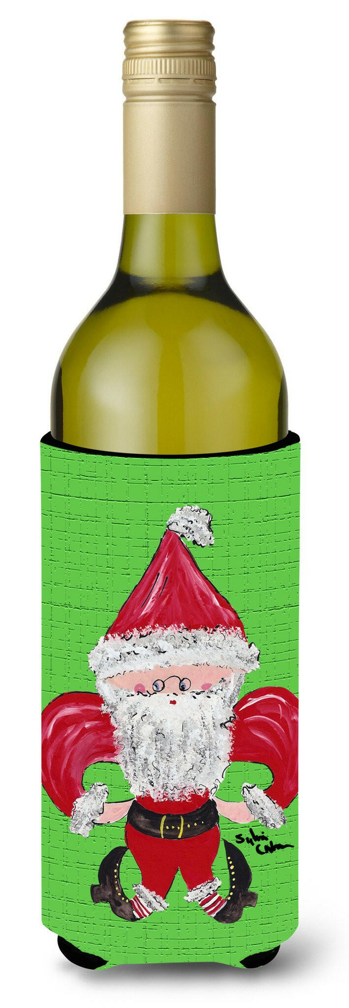 Christmas Santa Fleur de lis Wine Bottle Beverage Insulator Beverage Insulator Hugger by Caroline&#39;s Treasures
