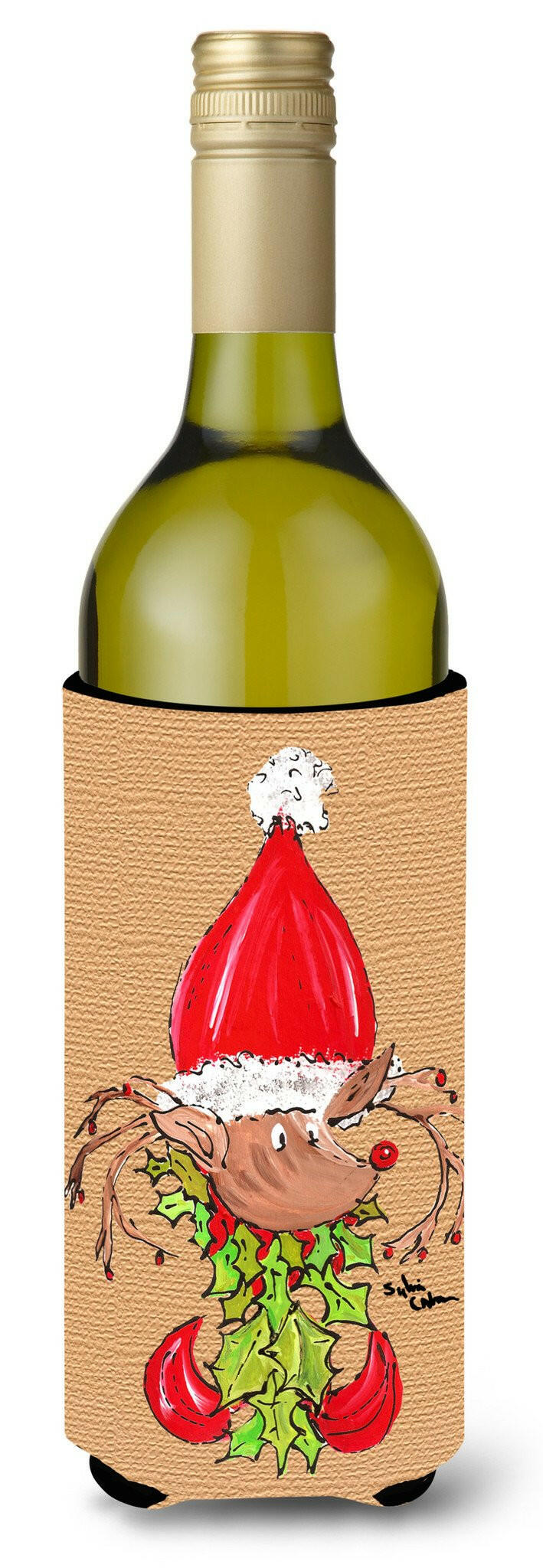 Christmas Reindeer Fleur de lis Wine Bottle Beverage Insulator Beverage Insulator Hugger by Caroline&#39;s Treasures