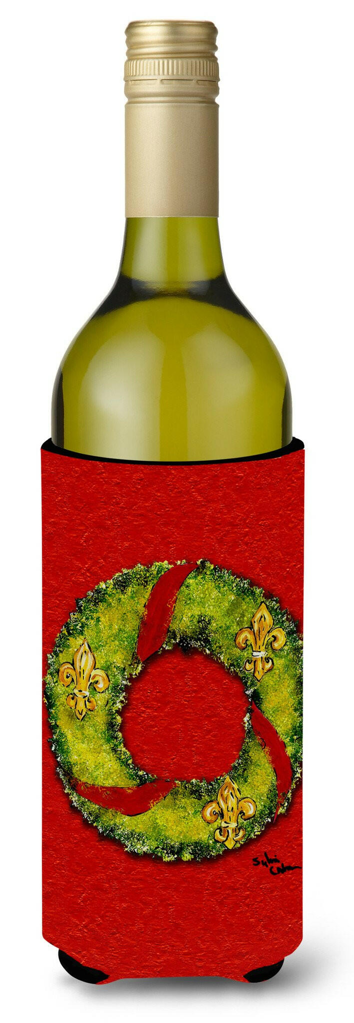 Christmas Wreath Fleur de lis Wine Bottle Beverage Insulator Beverage Insulator Hugger by Caroline&#39;s Treasures
