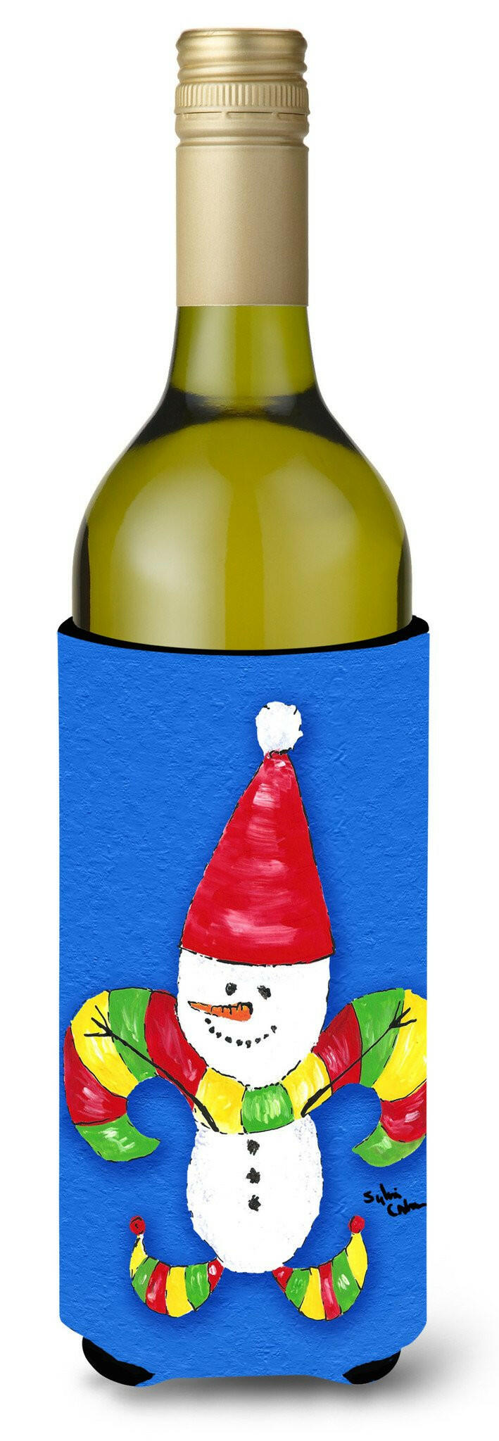 Christmas Snowman Fleur de lis Wine Bottle Beverage Insulator Beverage Insulator Hugger by Caroline&#39;s Treasures