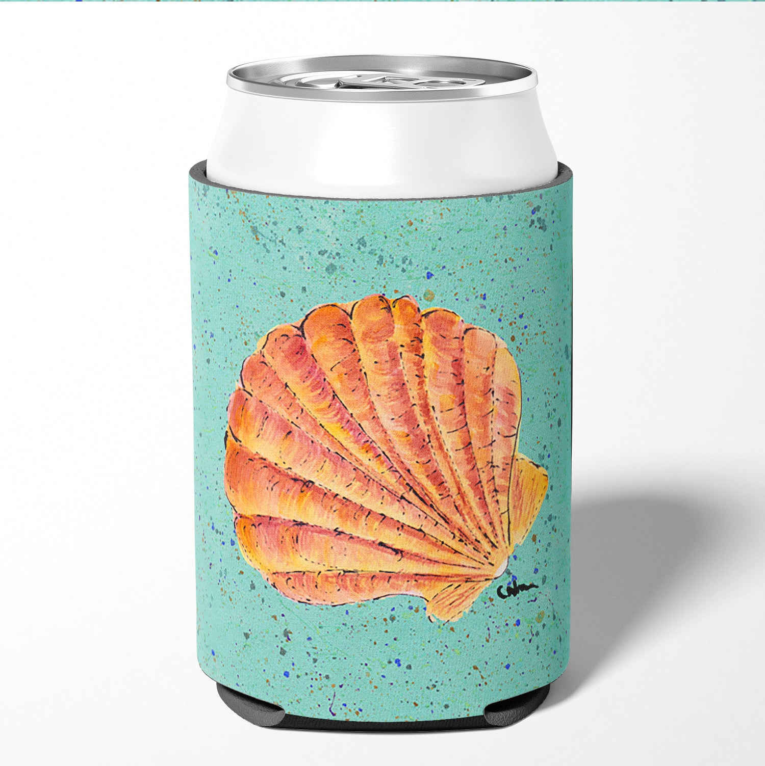 Scallop Shell on Teal Can or Bottle Beverage Insulator Hugger