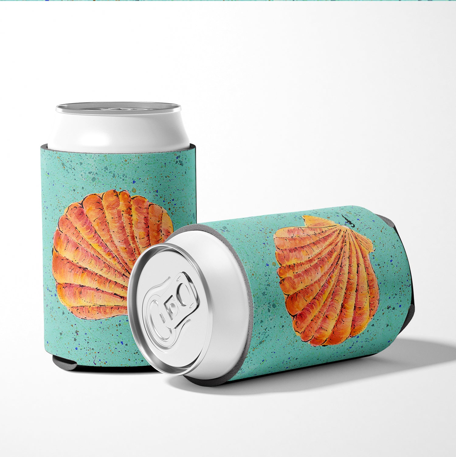 Scallop Shell on Teal Can or Bottle Beverage Insulator Hugger.