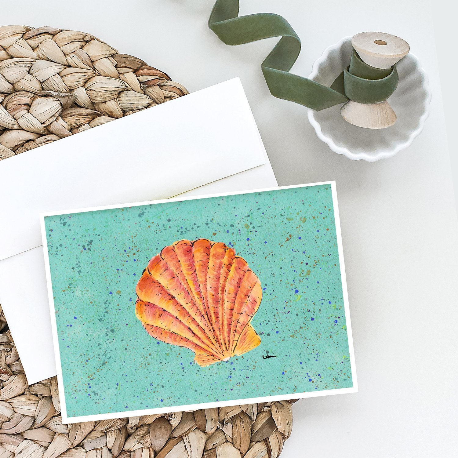 Shell on Teal Greeting Cards and Envelopes Pack of 8 - the-store.com