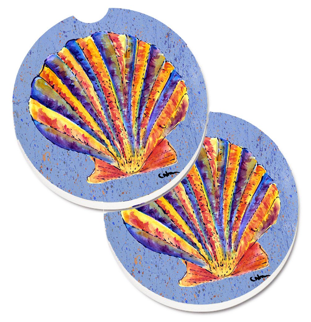 Scalloped Shell on Blue Set of 2 Cup Holder Car Coasters 8525CARC by Caroline&#39;s Treasures