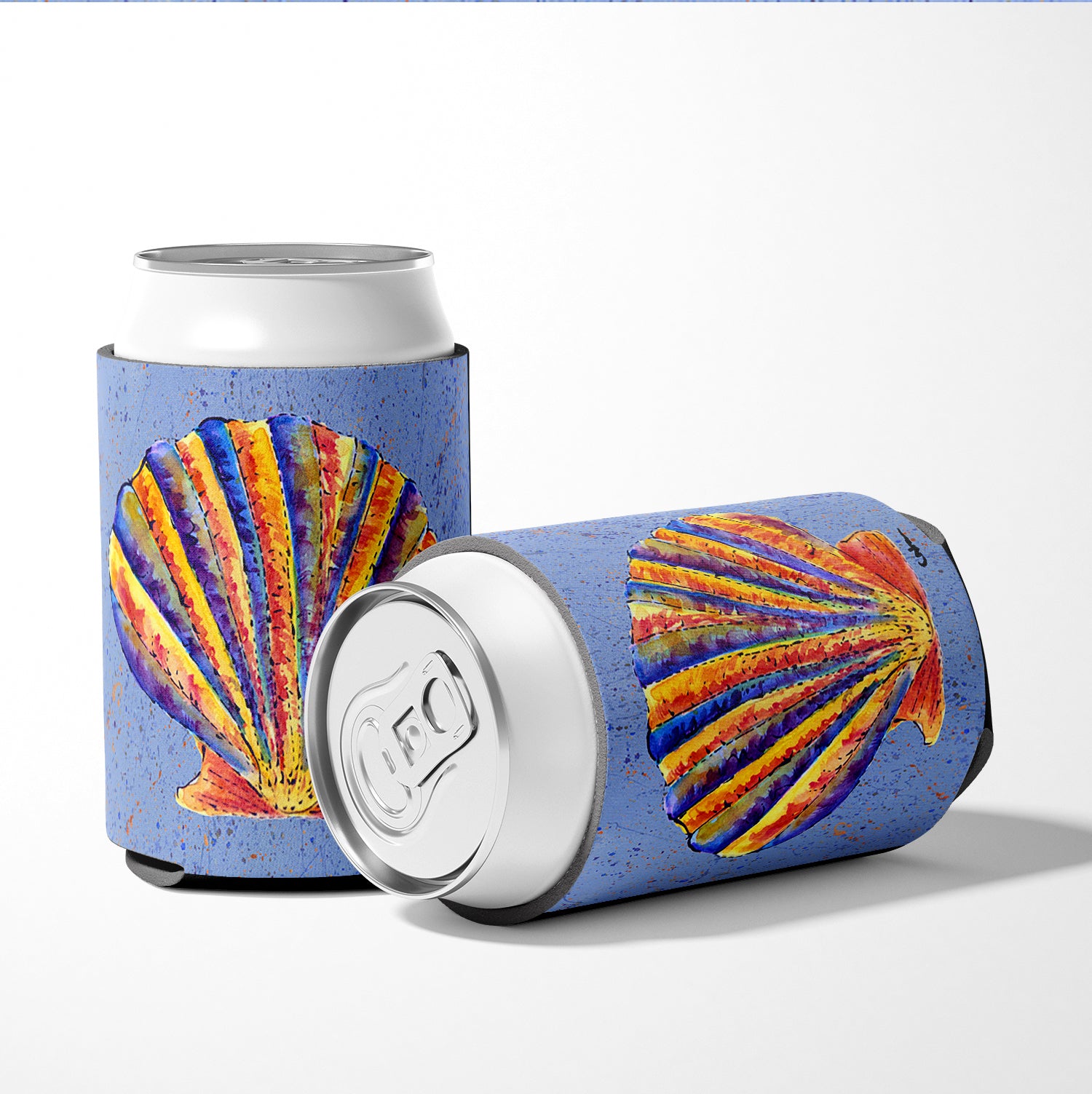 Scallop Shell on Blue Can or Bottle Beverage Insulator Hugger.