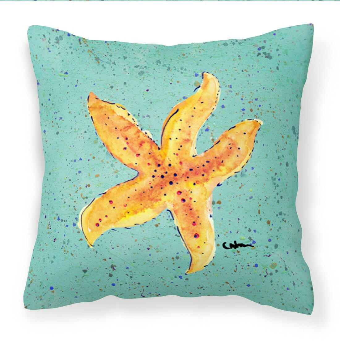 Starfish on Teal Fabric Decorative Pillow 8527PW1414 - the-store.com