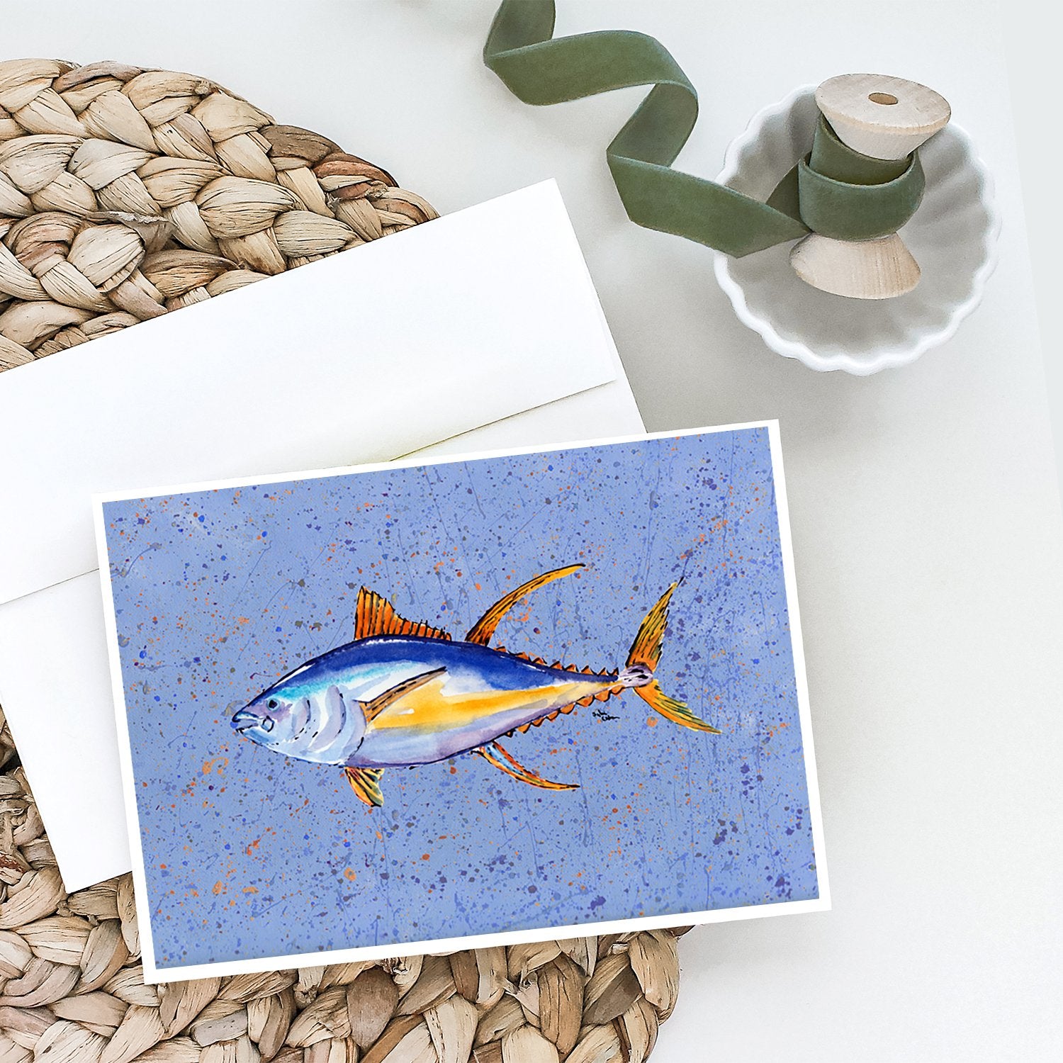 Tuna on Blue Greeting Cards and Envelopes Pack of 8 - the-store.com