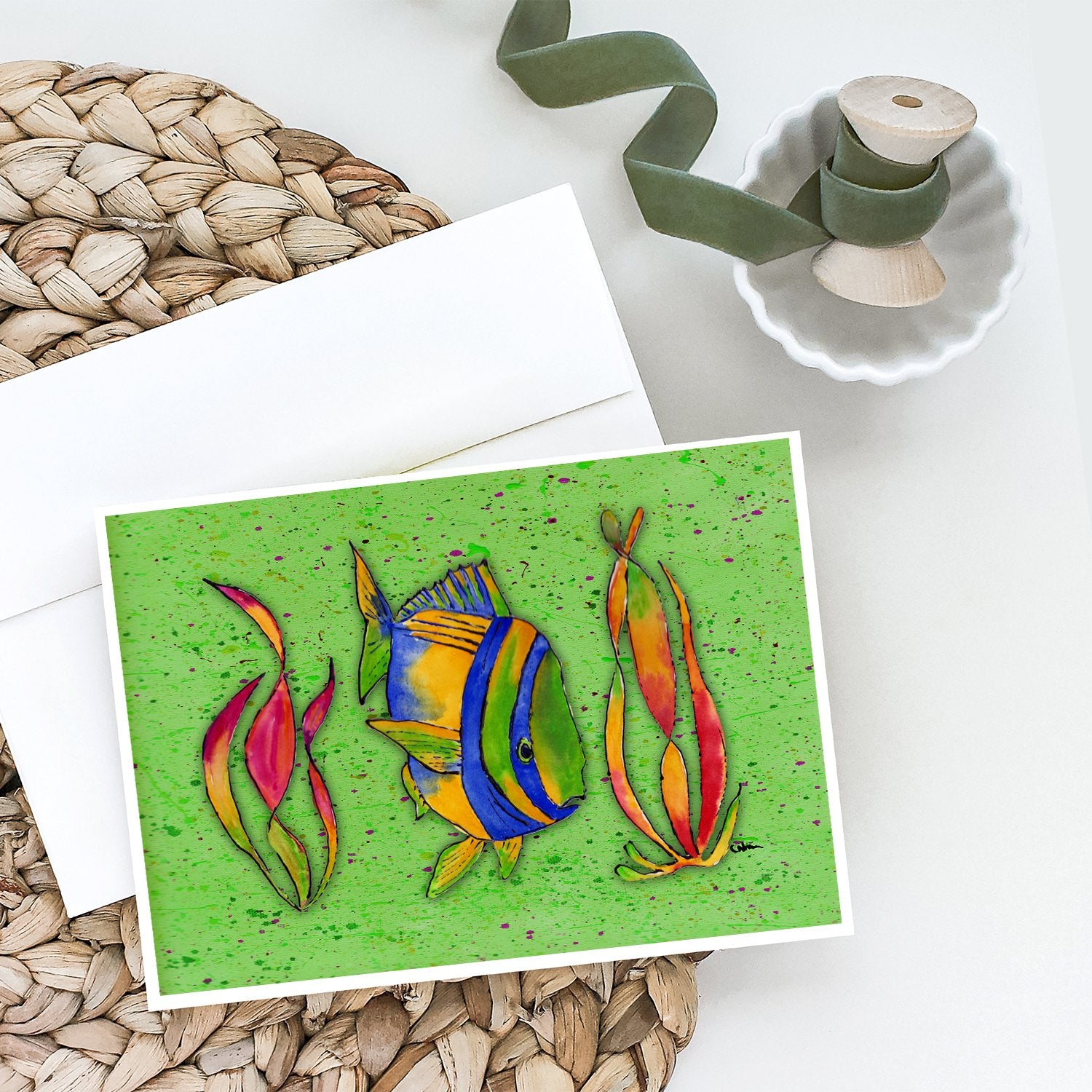 Tropical Fish on Green Greeting Cards and Envelopes Pack of 8 - the-store.com