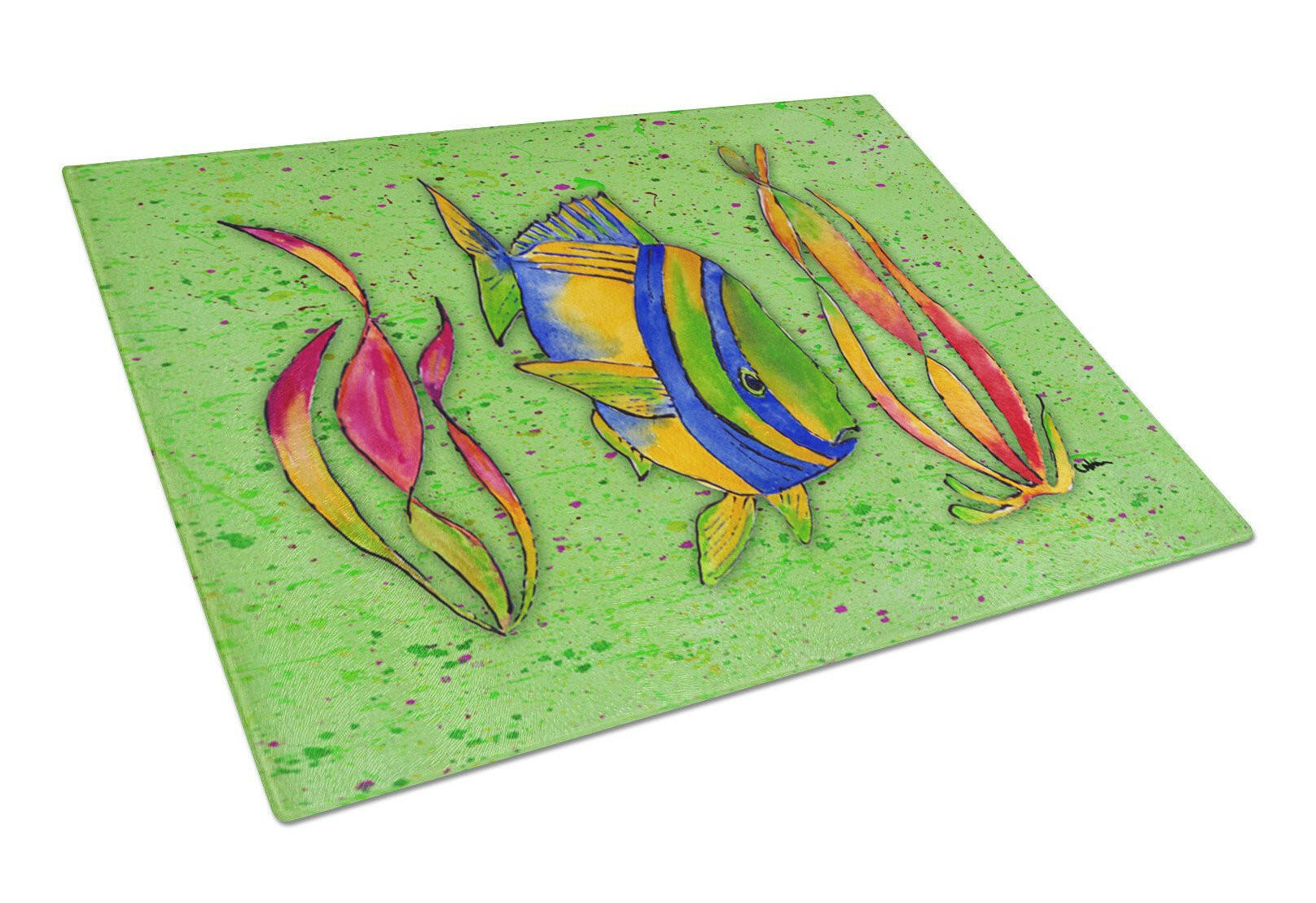 Tropical Fish on Green Glass Cutting Board Large by Caroline's Treasures