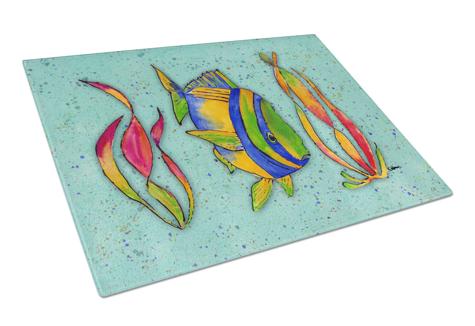 Tropical Fish on Teal Glass Cutting Board Large by Caroline's Treasures