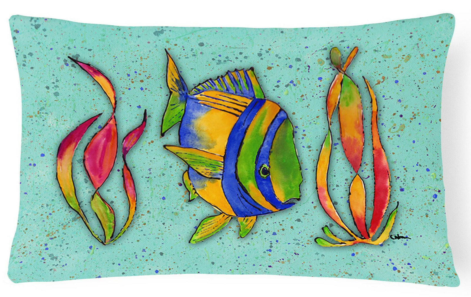 Tropical Fish on Teal   Canvas Fabric Decorative Pillow by Caroline's Treasures