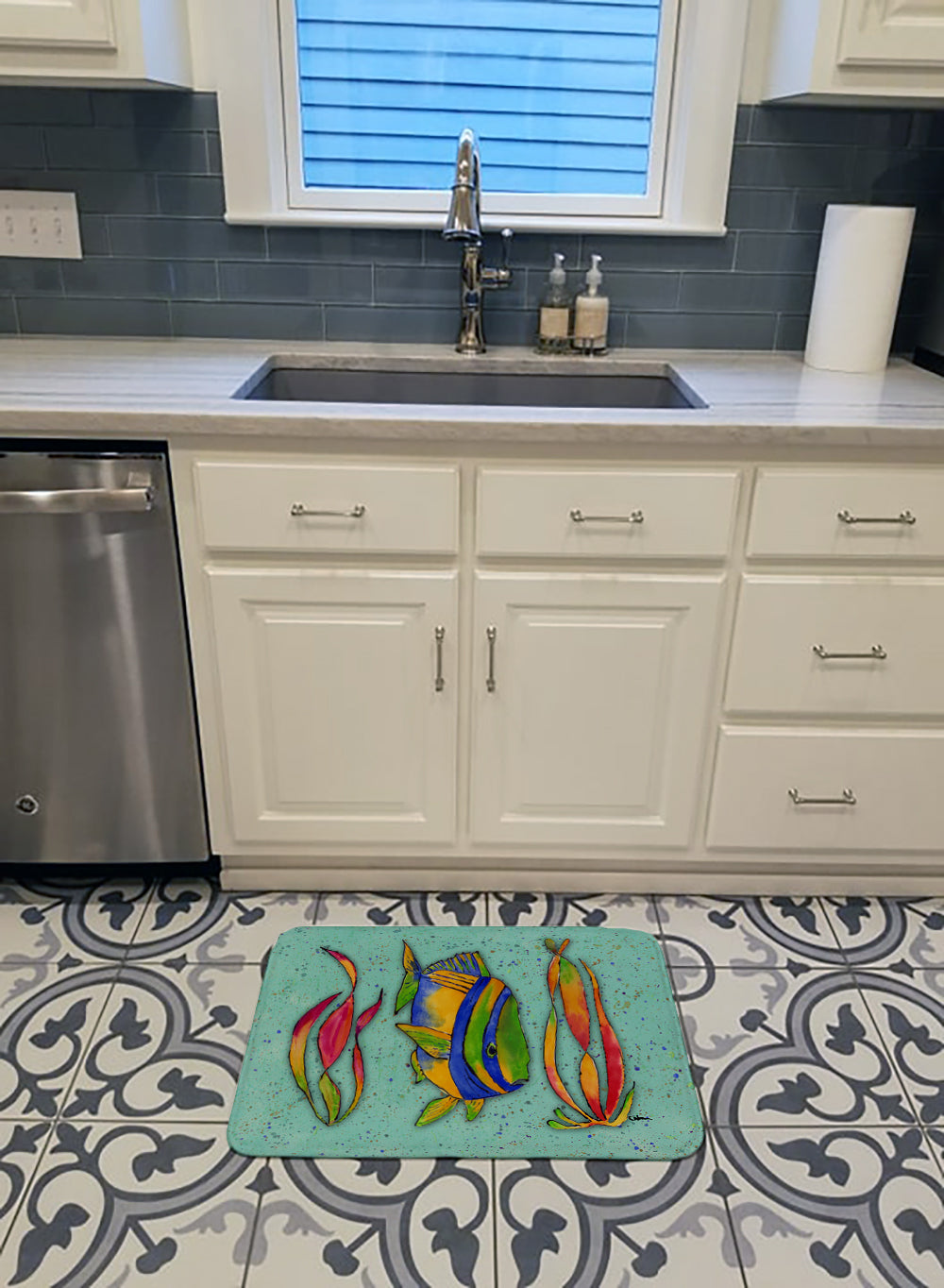 Tropical Fish on Teal Machine Washable Memory Foam Mat 8569RUG - the-store.com