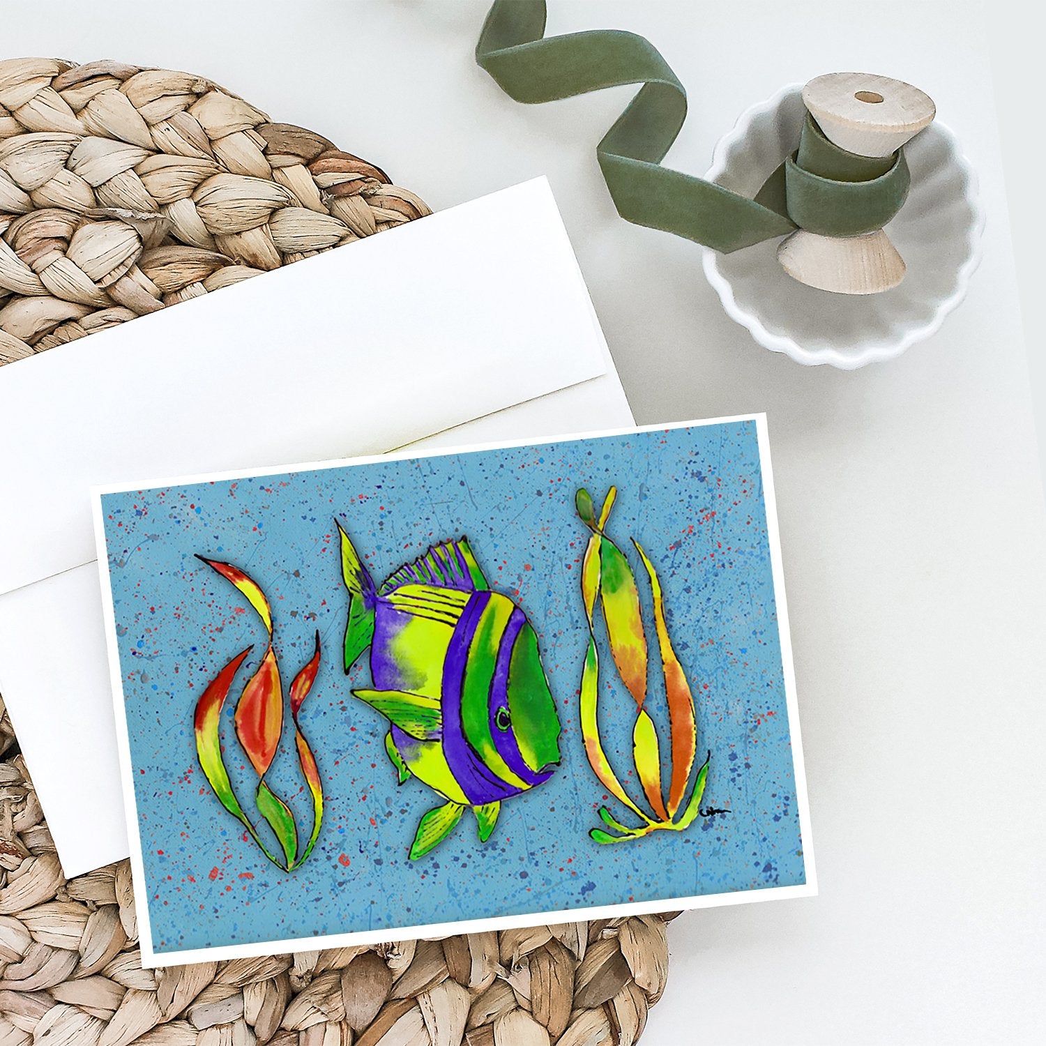 Tropical Fish on Blue Greeting Cards and Envelopes Pack of 8 - the-store.com