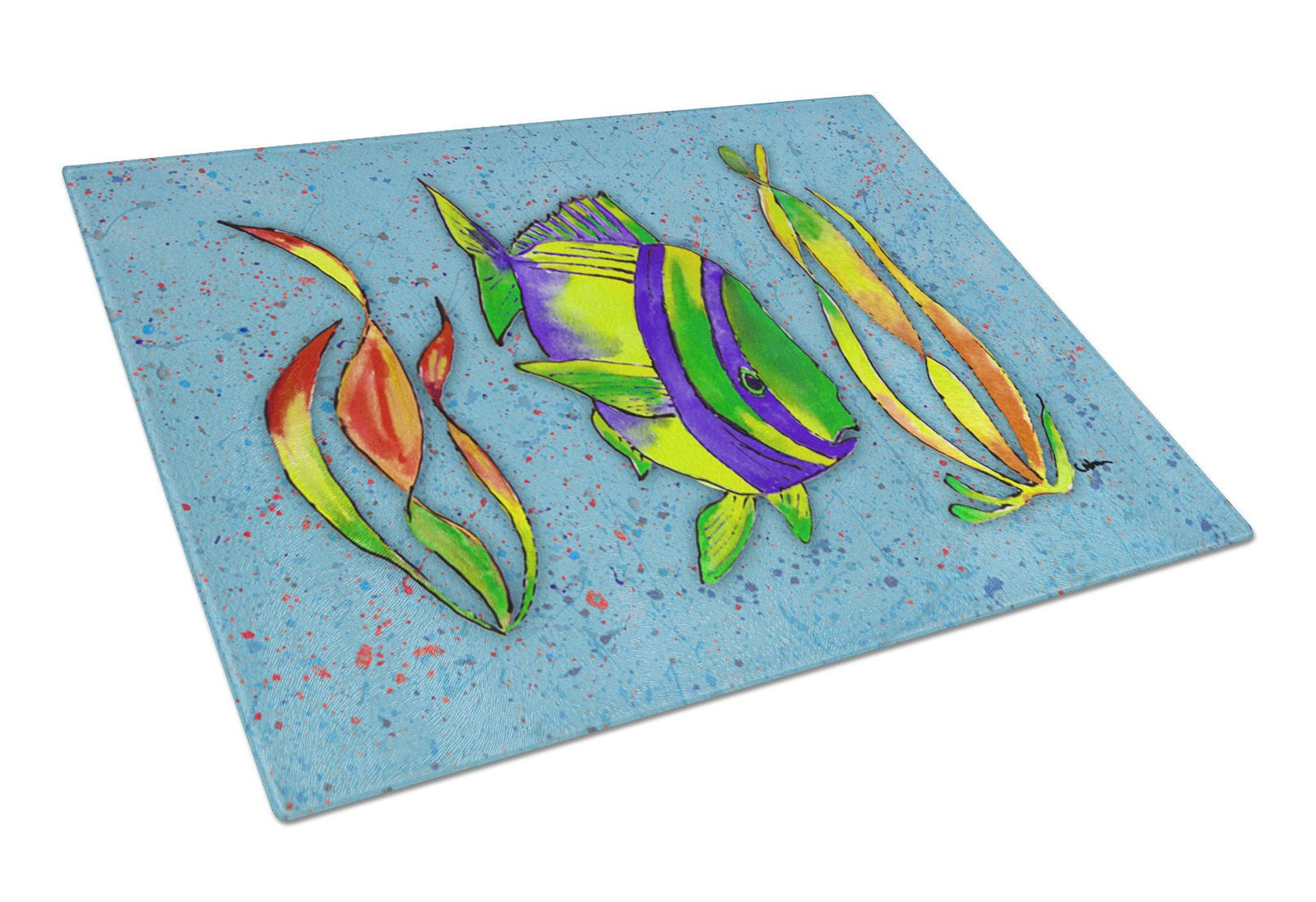 Tropical Fish on Blue Glass Cutting Board Large by Caroline's Treasures