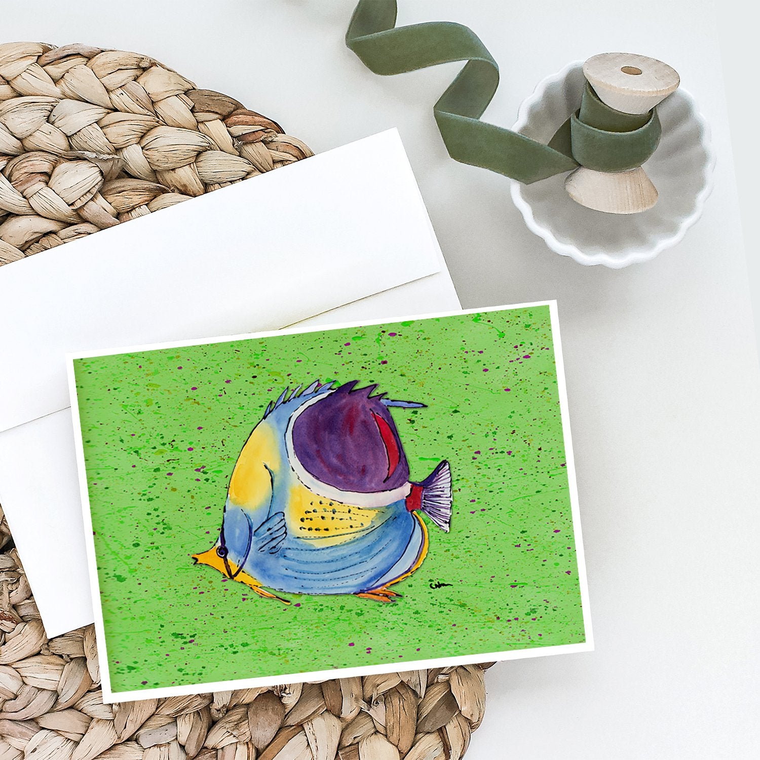 Buy this Tropical Fish on Green Greeting Cards and Envelopes Pack of 8